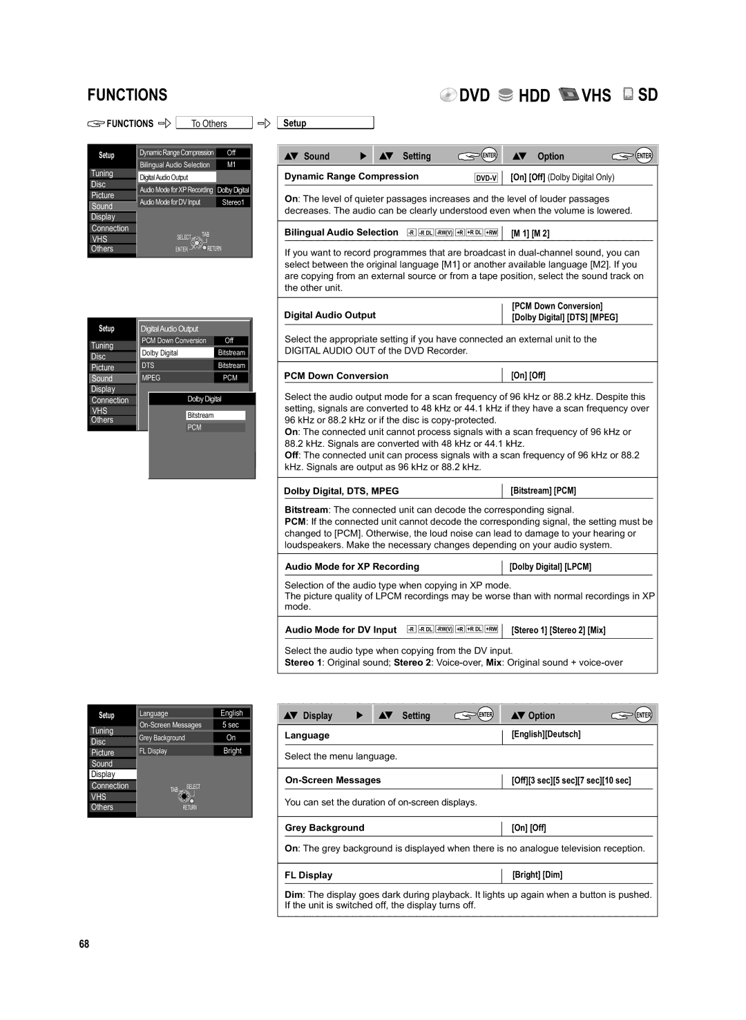 Panasonic DMR-EX95V manual SetupETUP Sound Setting, Display Setting 