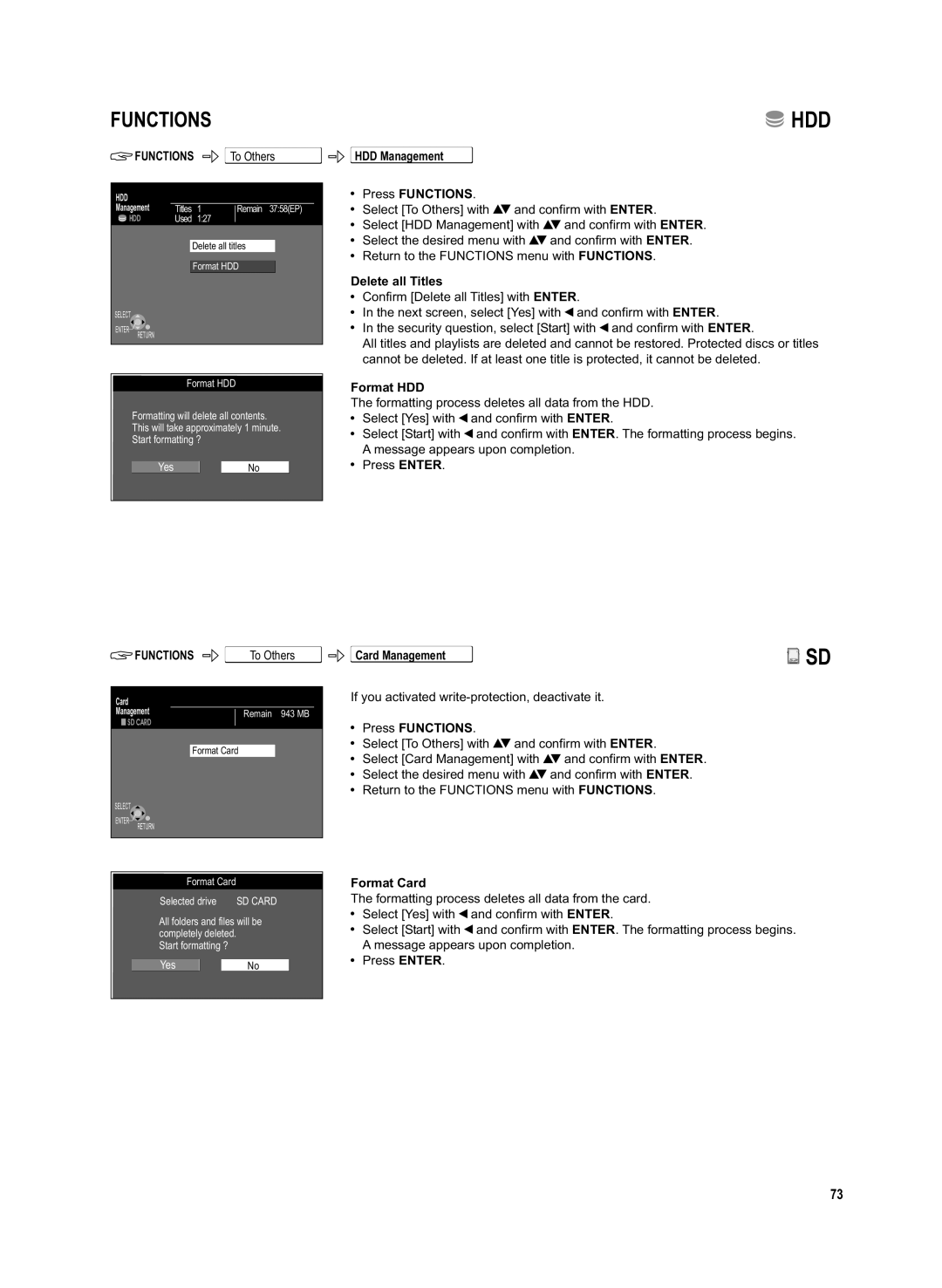 Panasonic DMR-EX95V manual HDD Management Press Functions, Delete all Titles, Format HDD, Format Card 