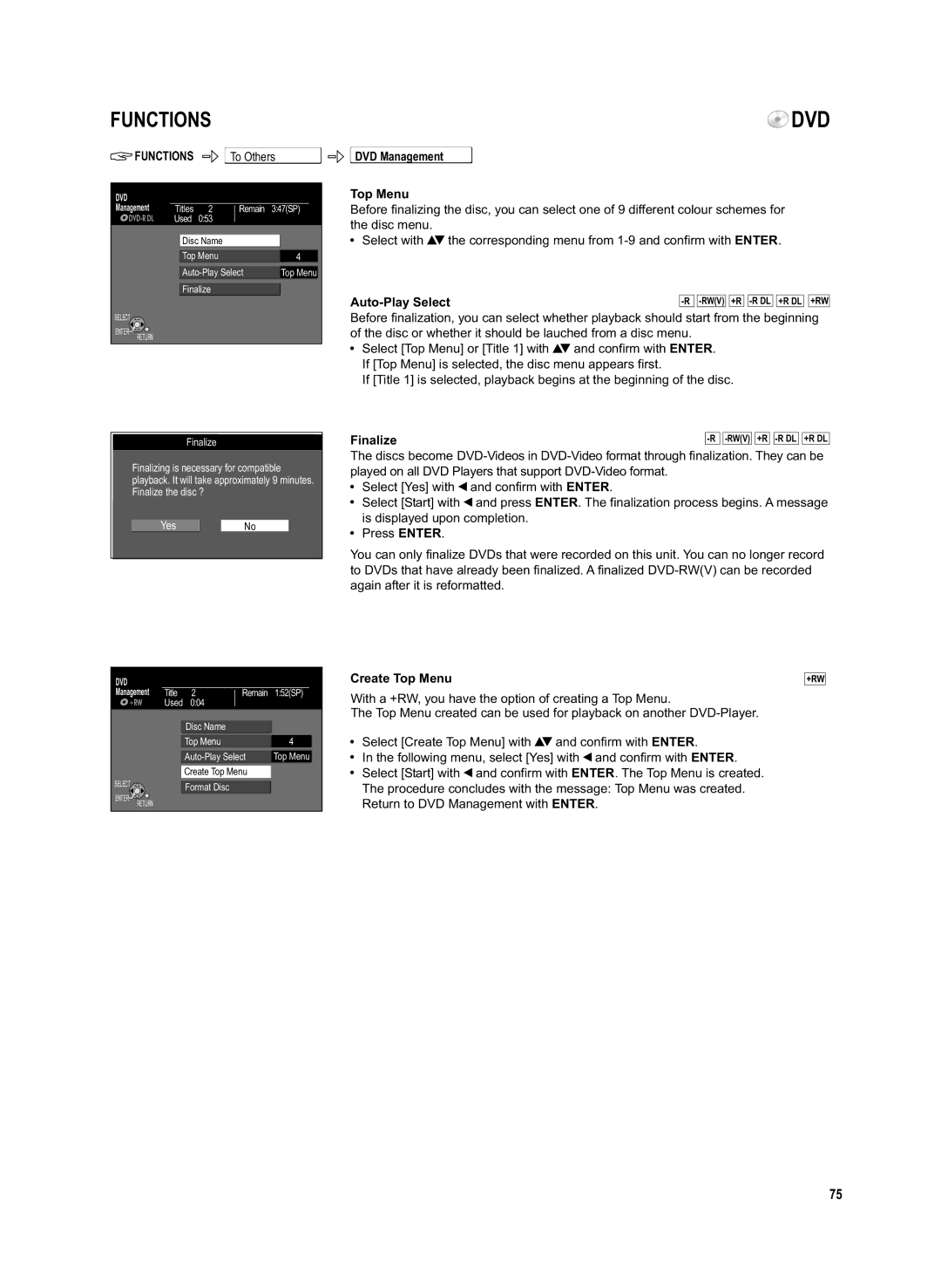 Panasonic DMR-EX95V manual DVD Management Top Menu, Auto-Play Select, Finalize, Create Top Menu 