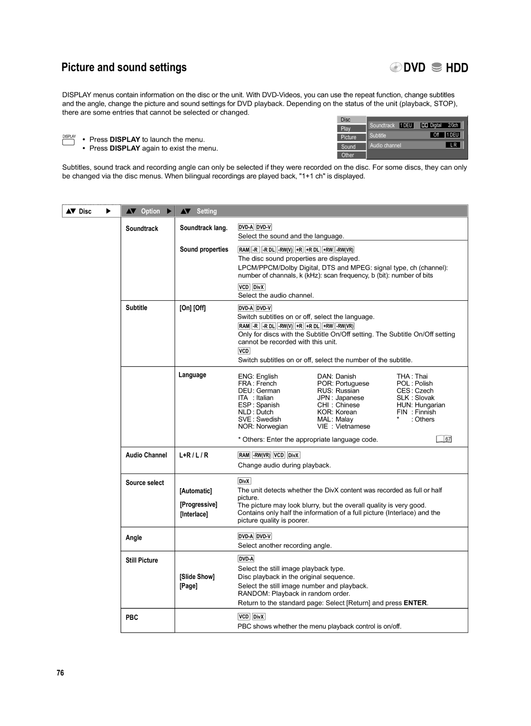 Panasonic DMR-EX95V manual Picture and sound settings, Pbc 