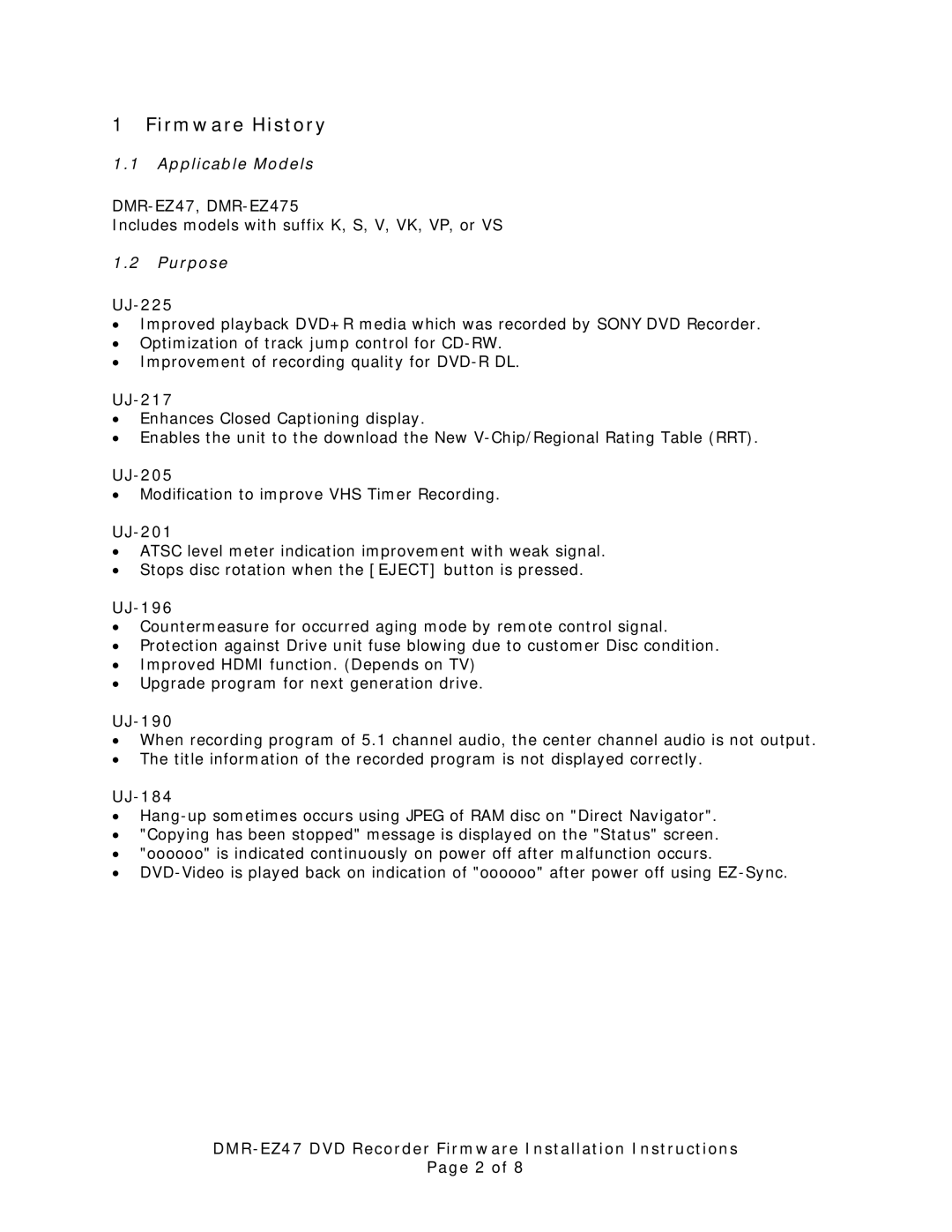 Panasonic DMR-EZ47 installation instructions Firmware History, Applicable Models, Purpose 