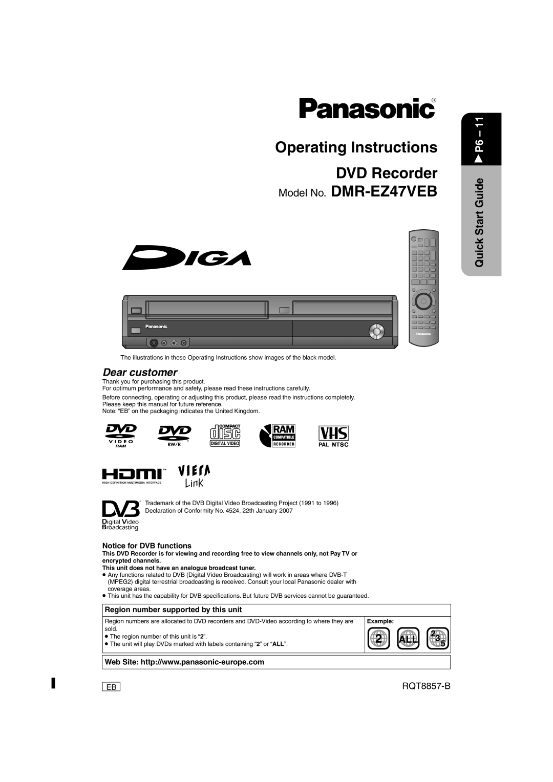 Panasonic DMR-EZ47VEB quick start RQT8857-B, Region number supported by this unit, Example 