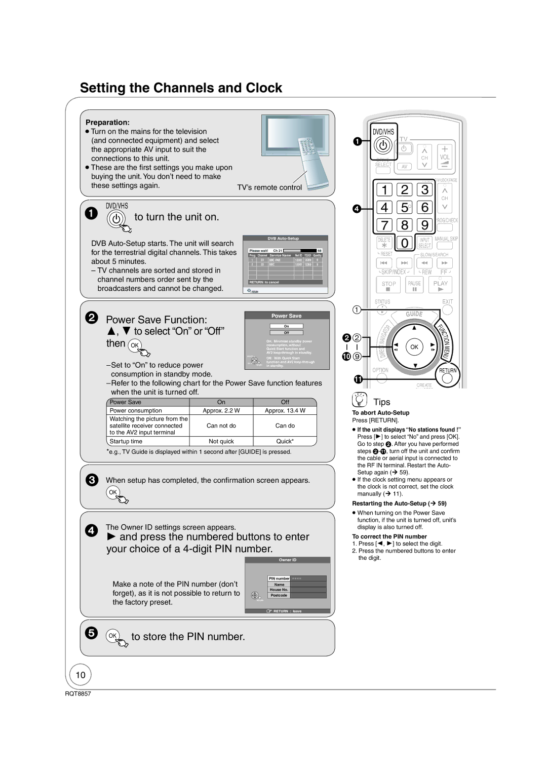 Panasonic DMR-EZ47VEB quick start Setting the Channels and Clock, To turn the unit on, Tips, Preparation 