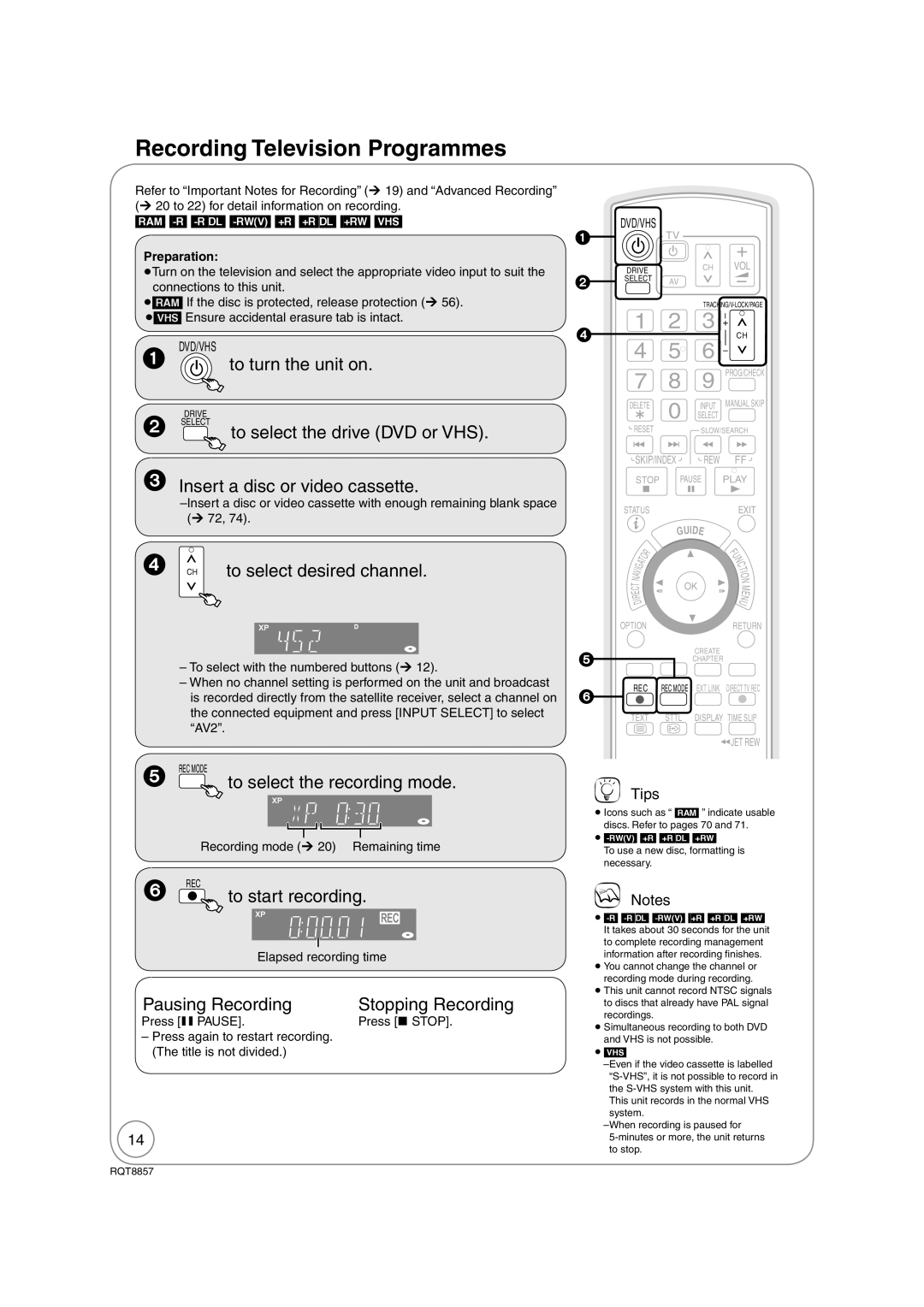 Panasonic DMR-EZ47VEB Recording Television Programmes, To select the recording mode, To start recording, Pausing Recording 