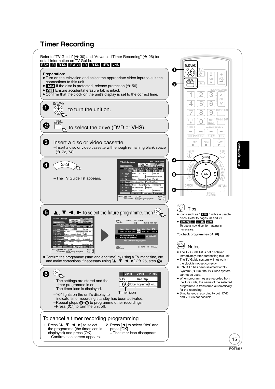 Panasonic DMR-EZ47VEB quick start Timer Recording, ,  ,  to select the future programme, then OK, To check programmes ¼ 