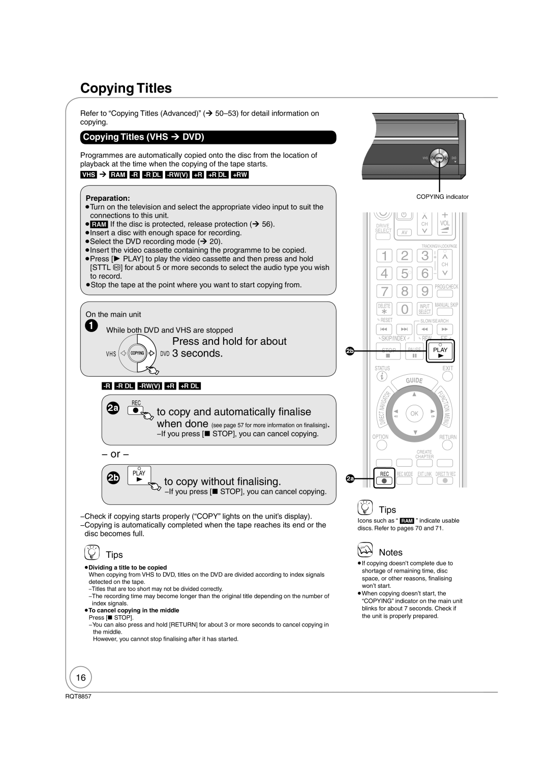 Panasonic DMR-EZ47VEB quick start Seconds, or, To copy without ﬁ nalising, Copying Titles VHS ¼ DVD 