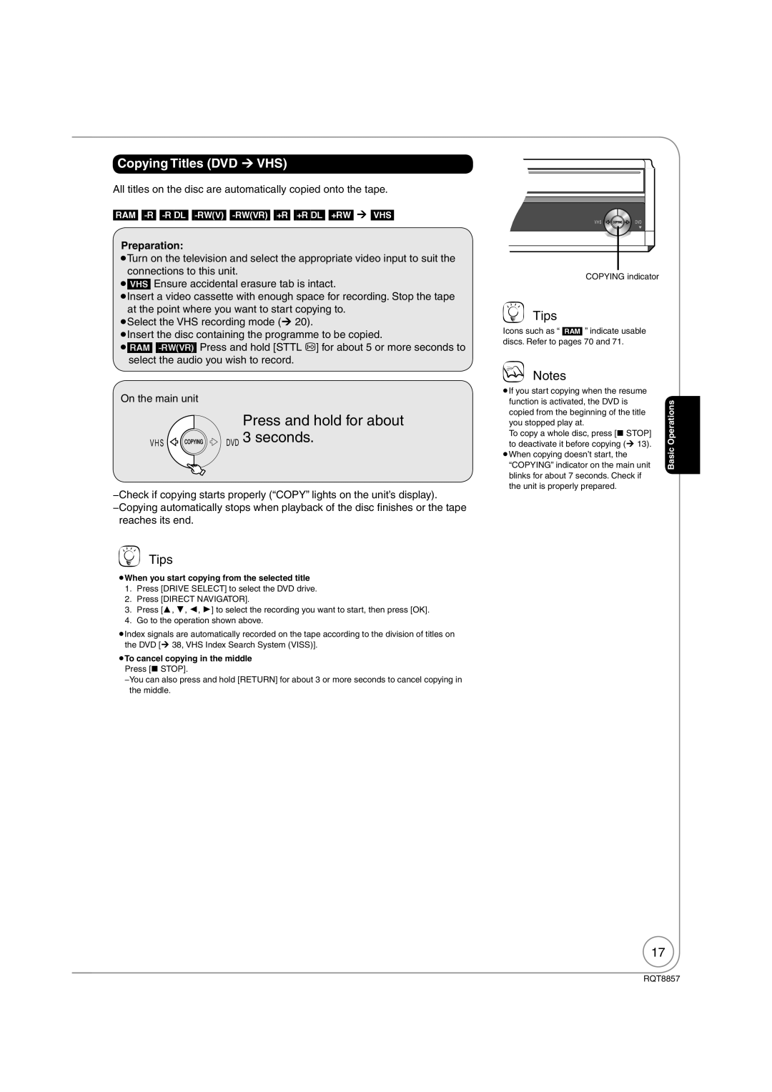 Panasonic DMR-EZ47VEB quick start Copying Titles DVD ¼VHS, When you start copying from the selected title 