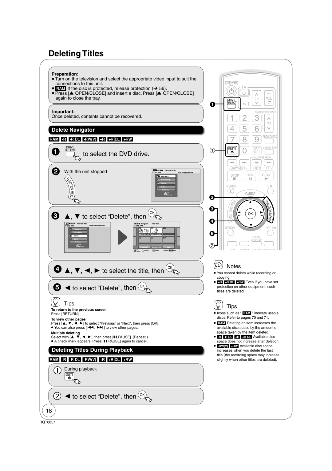 Panasonic DMR-EZ47VEB quick start Deleting Titles, To select the DVD drive, ,  to select Delete, then 