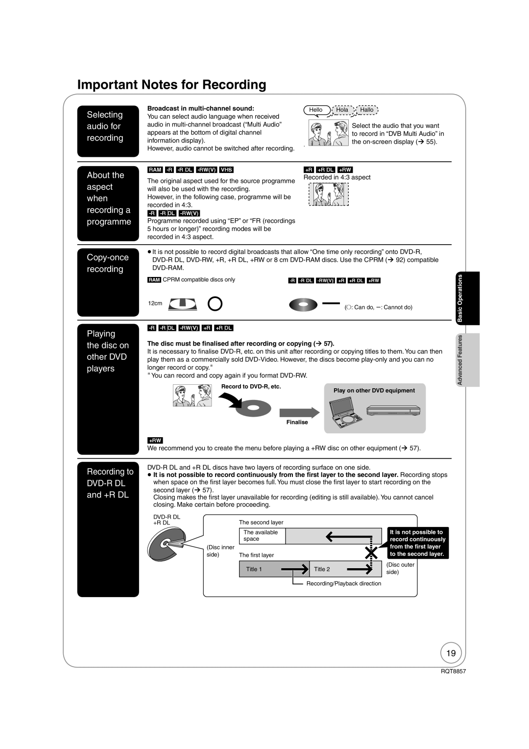 Panasonic DMR-EZ47VEB quick start Important Notes for Recording, Broadcast in multi-channel sound 