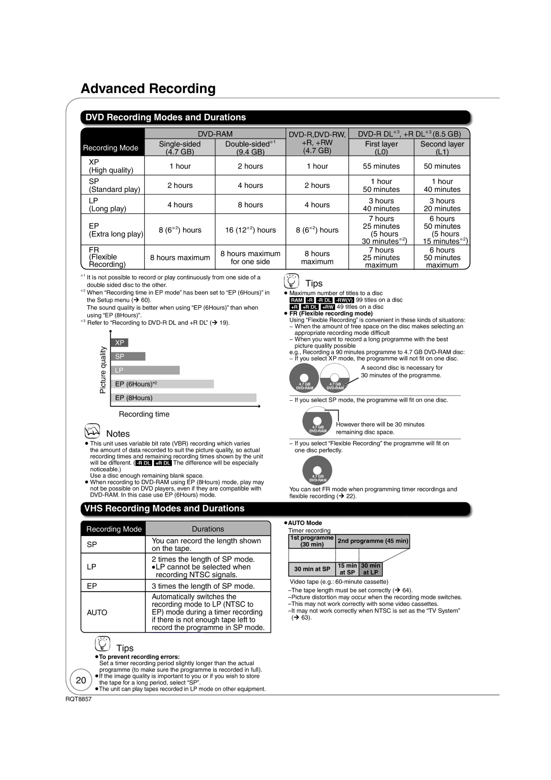 Panasonic DMR-EZ47VEB quick start Advanced Recording, DVD Recording Modes and Durations, VHS Recording Modes and Durations 