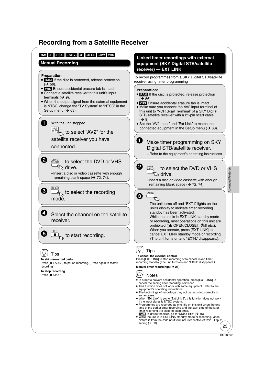 Panasonic DMR-EZ47VEB Recording from a Satellite Receiver, Satellite receiver you have connected, Manual Recording 