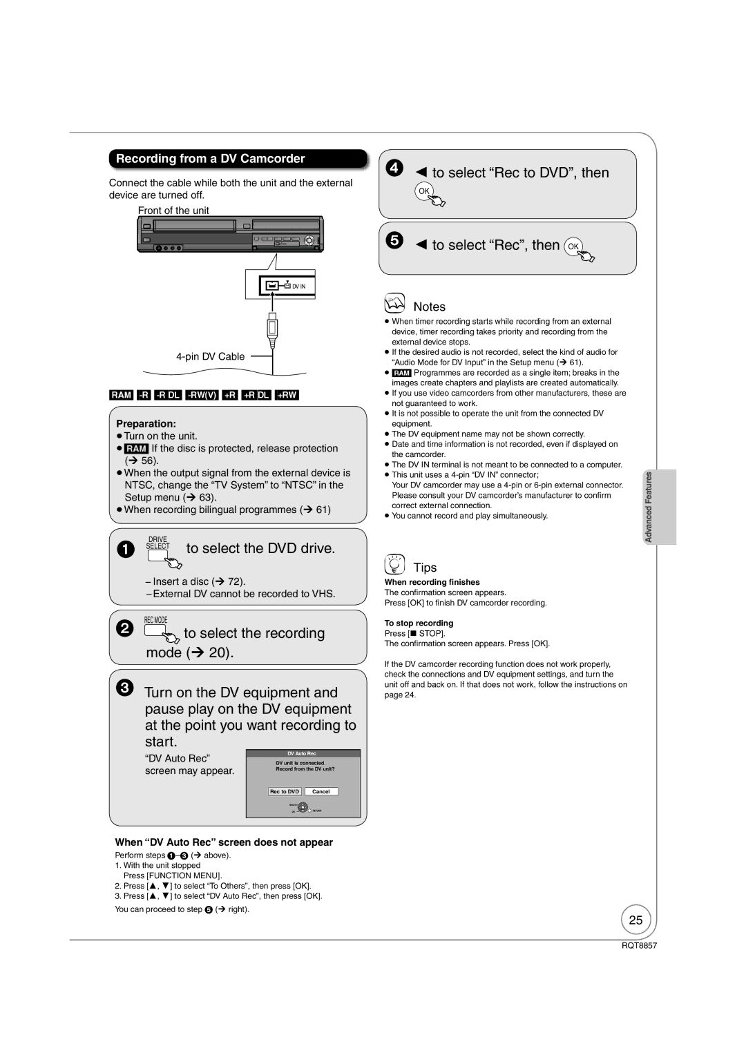 Panasonic DMR-EZ47VEB  to select Rec to DVD, then  to select Rec, then OK, Recording from a DV Camcorder, DV Auto Rec 