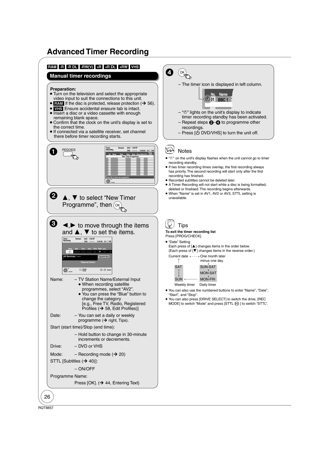 Panasonic DMR-EZ47VEB quick start Advanced Timer Recording, Manual timer recordings, Programme ¼ right, Tips 