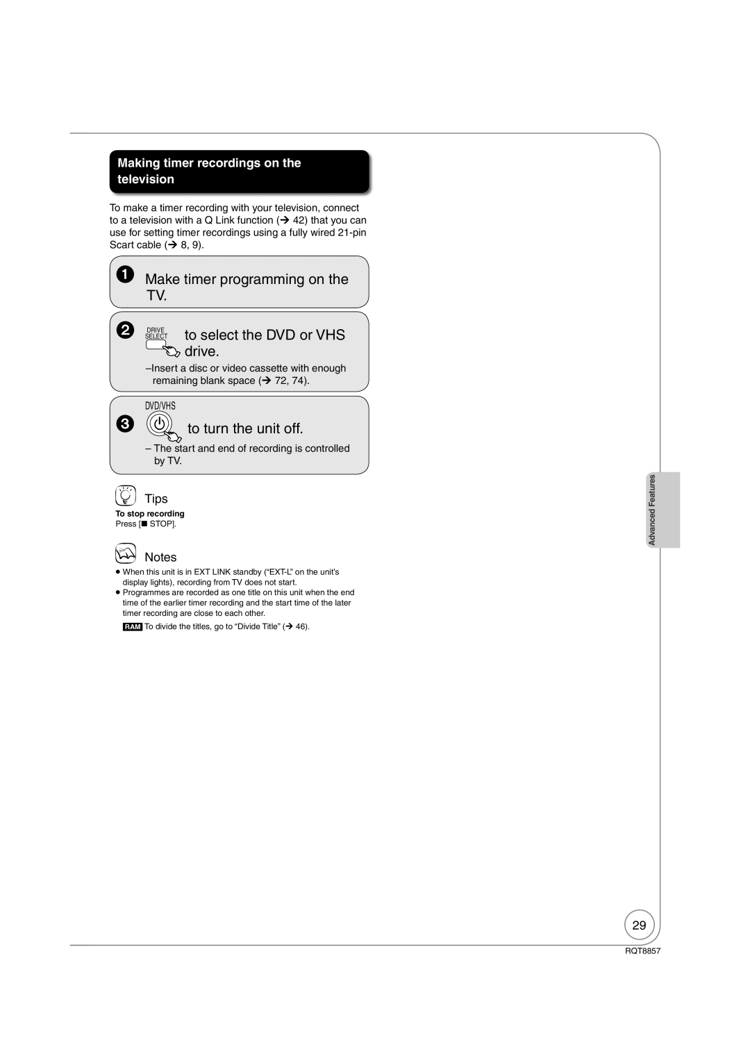 Panasonic DMR-EZ47VEB Make timer programming on the TV, To turn the unit off, Making timer recordings on the television 