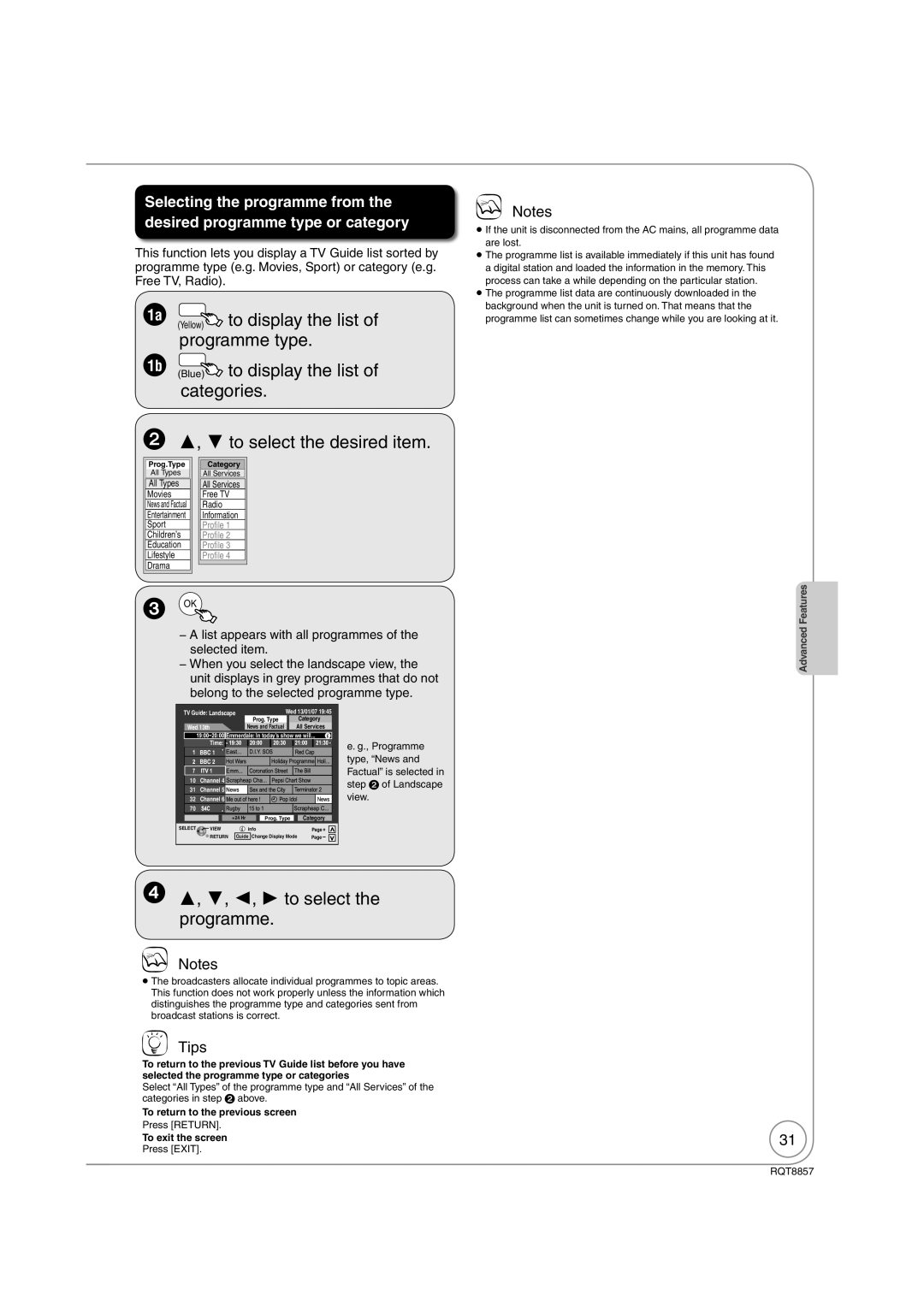 Panasonic DMR-EZ47VEB quick start Yellow to display the list, Programme type, Blue to display the list, Categories 