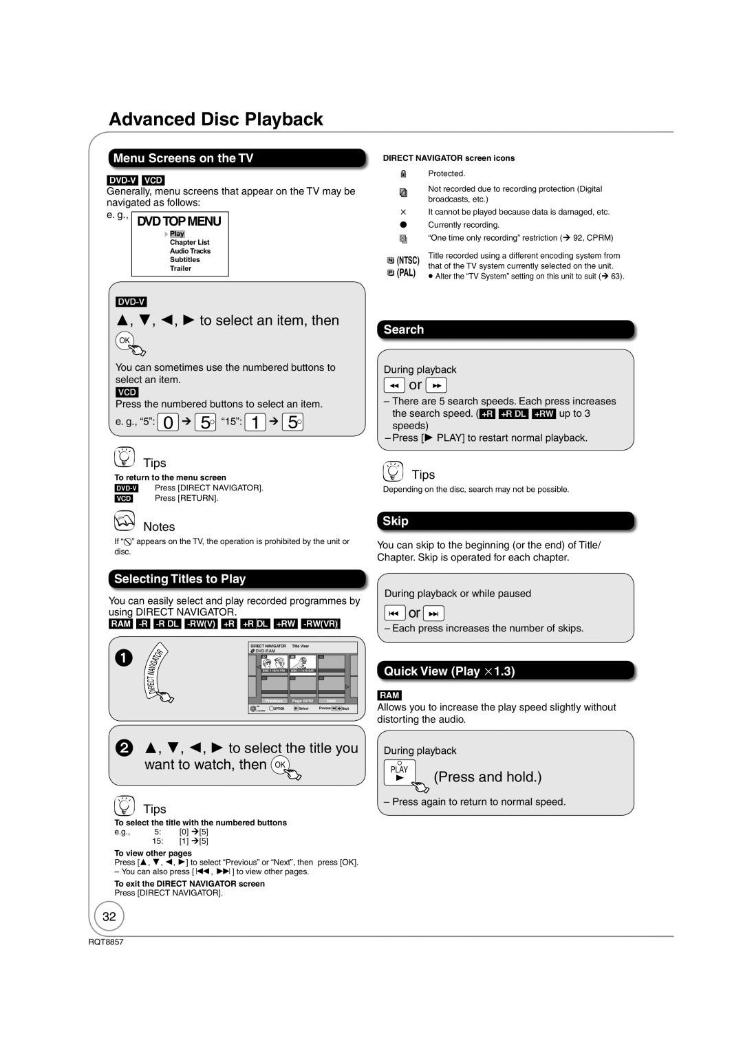 Panasonic DMR-EZ47VEB quick start Advanced Disc Playback, , , , to select an item, then, Press and hold 