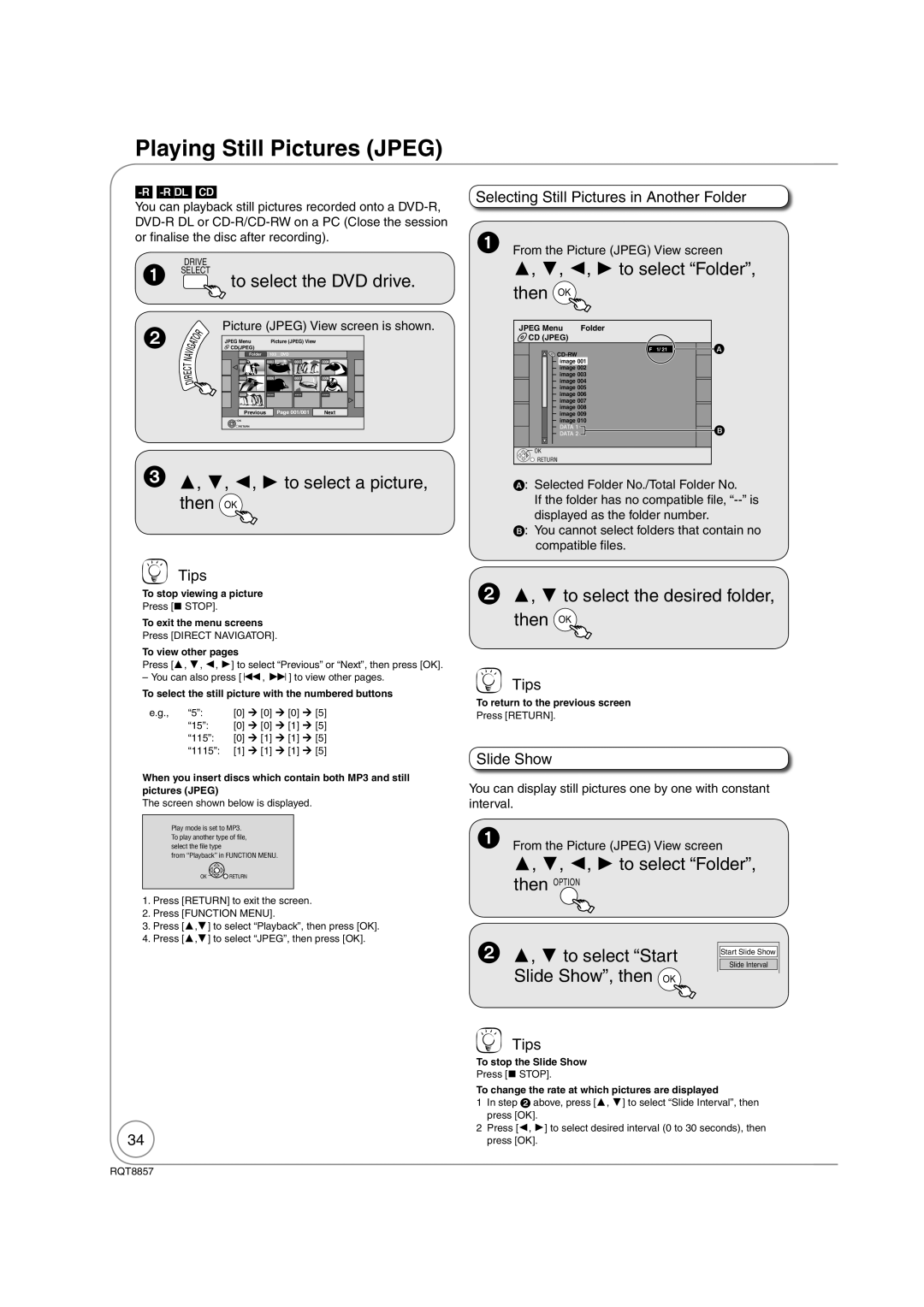 Panasonic DMR-EZ47VEB Playing Still Pictures Jpeg, , , ,  to select a picture, then OK, , , ,  to select Folder 