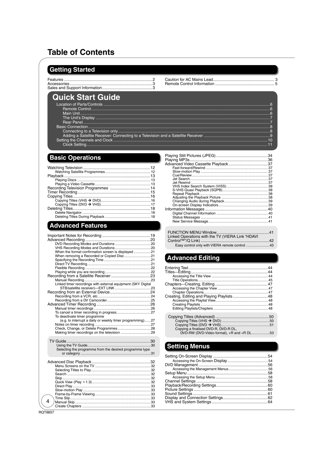 Panasonic DMR-EZ47VEB quick start Table of Contents, Quick Start Guide 