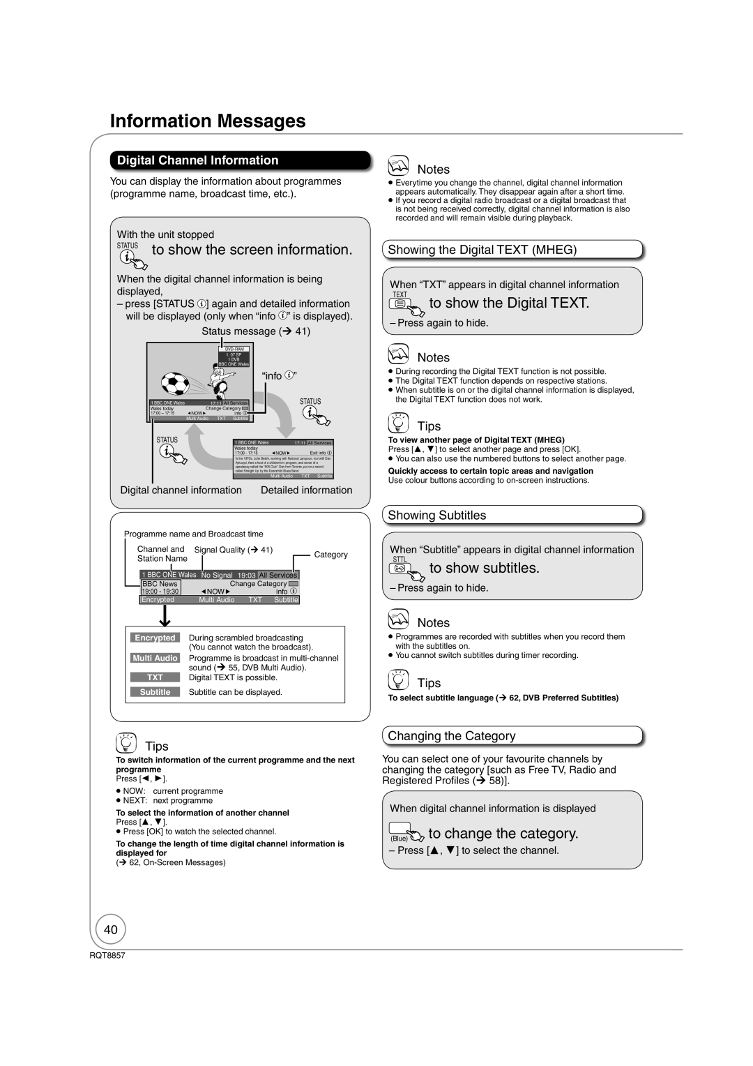 Panasonic DMR-EZ47VEB quick start Information Messages, Status to show the screen information, To show the Digital Text 