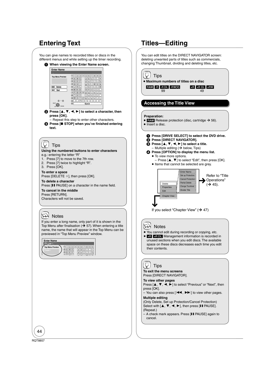 Panasonic DMR-EZ47VEB quick start Entering Text, Titles-Editing, Accessing the Title View 