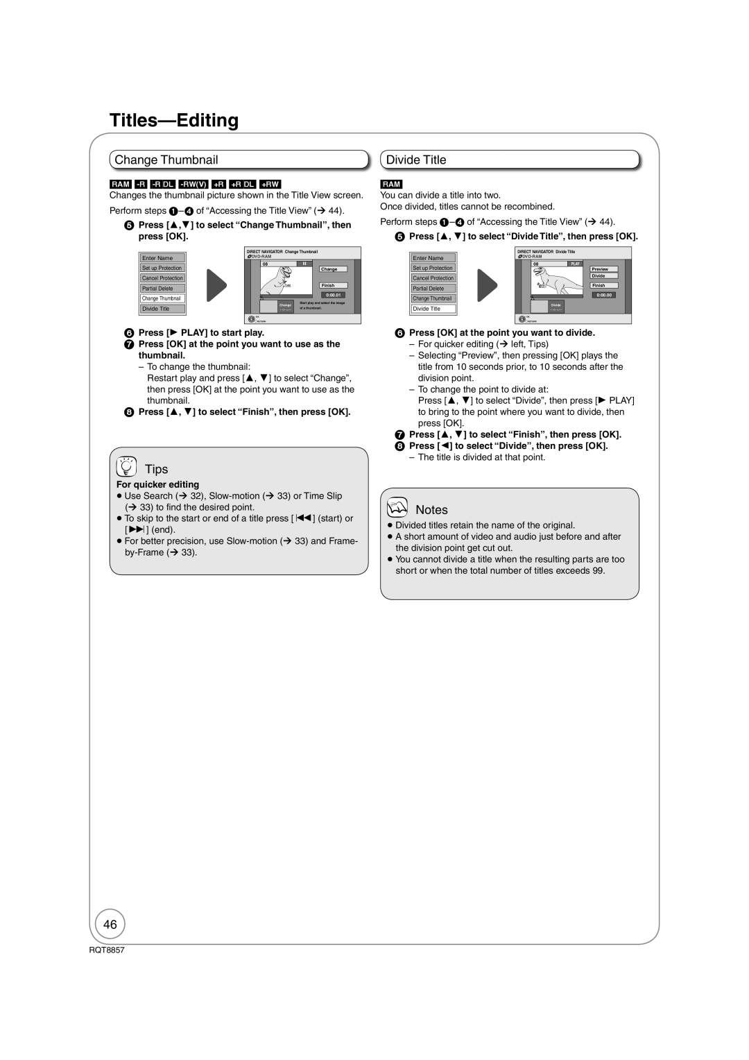 Panasonic DMR-EZ47VEB quick start Change Thumbnail, Divide Title 