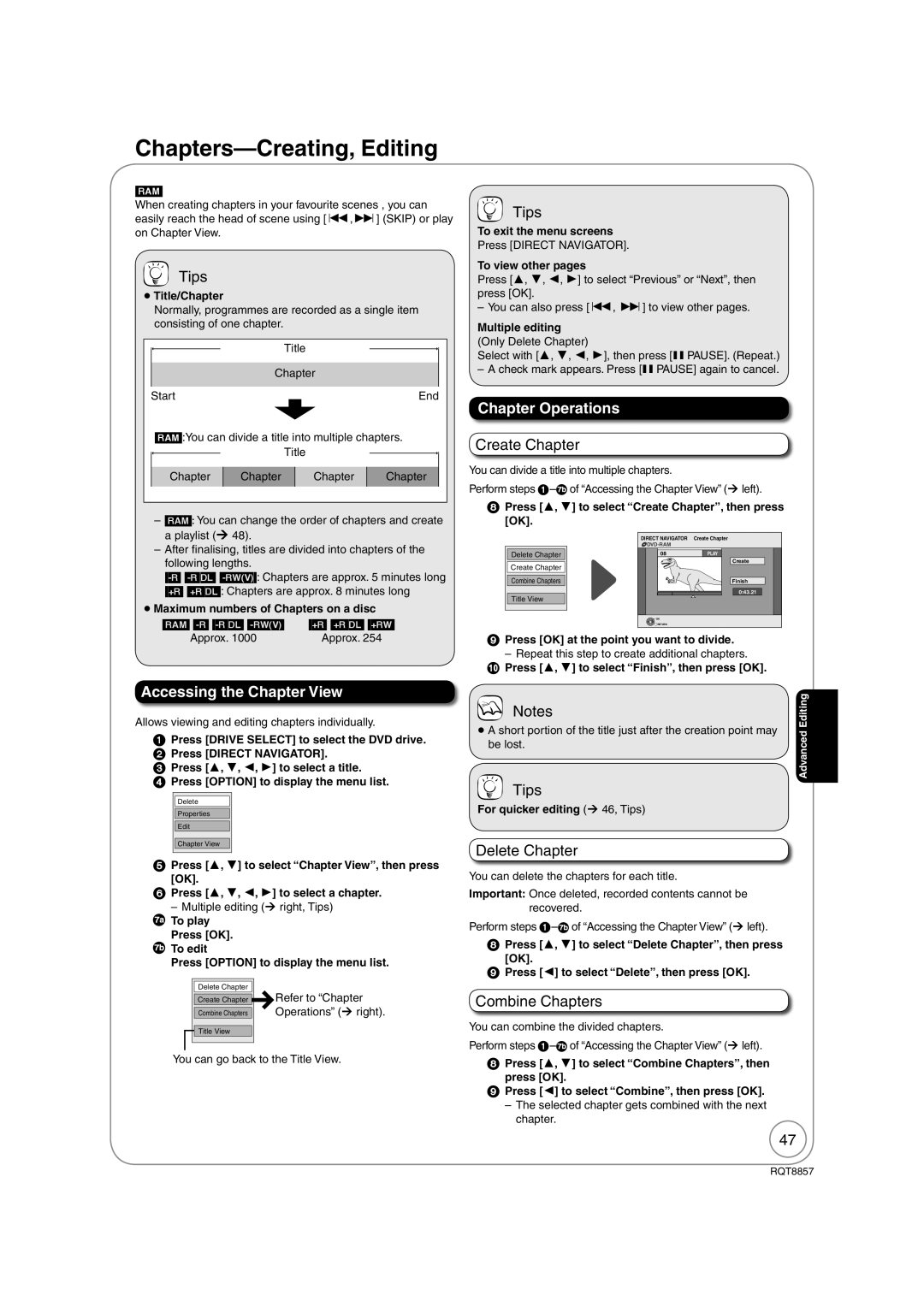 Panasonic DMR-EZ47VEB quick start Chapters-Creating, Editing, Chapter Operations, Accessing the Chapter View 