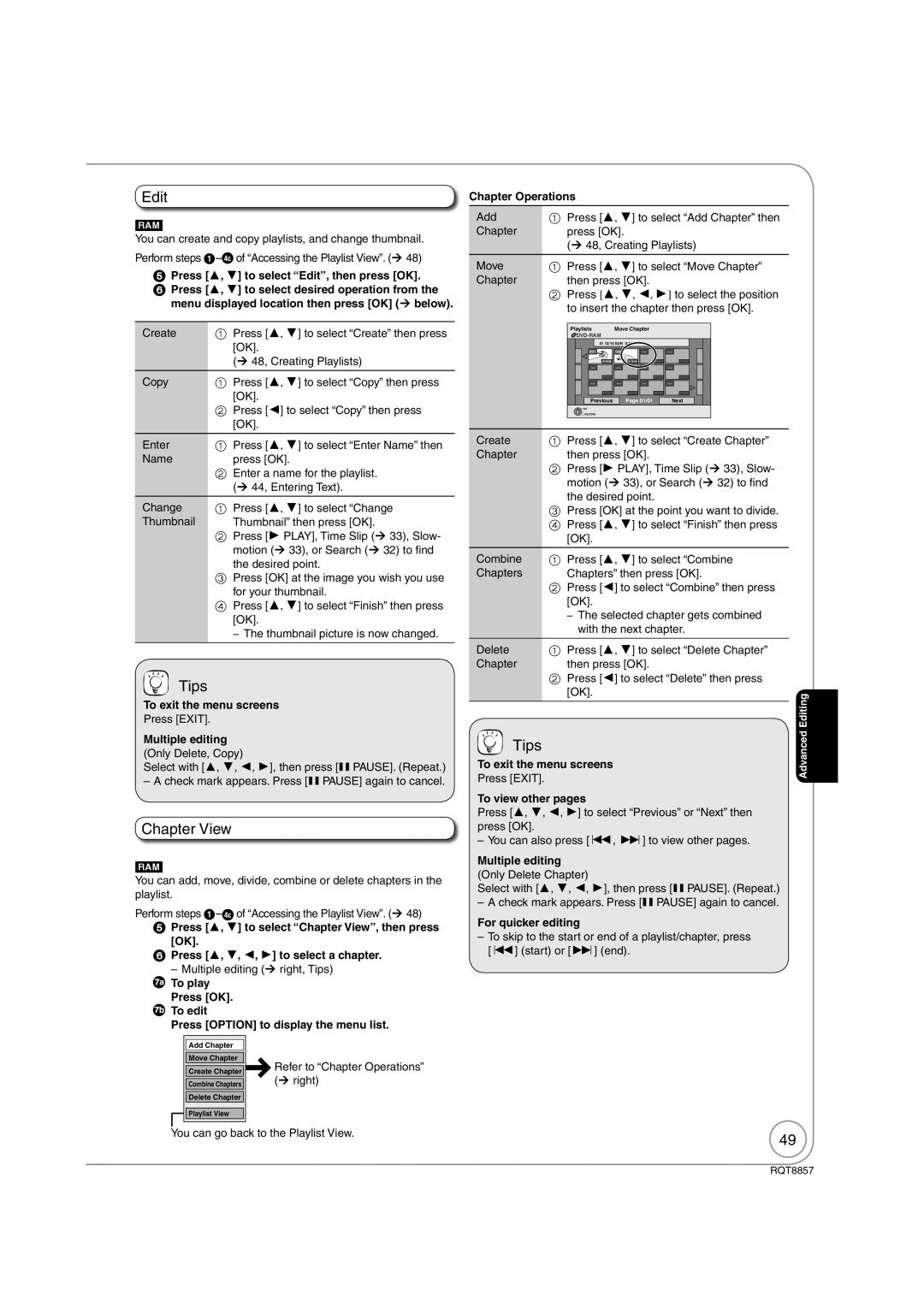 Panasonic DMR-EZ47VEB quick start Edit, Chapter View, Press Exit, You can go back to the Playlist View, Chapter Operations 