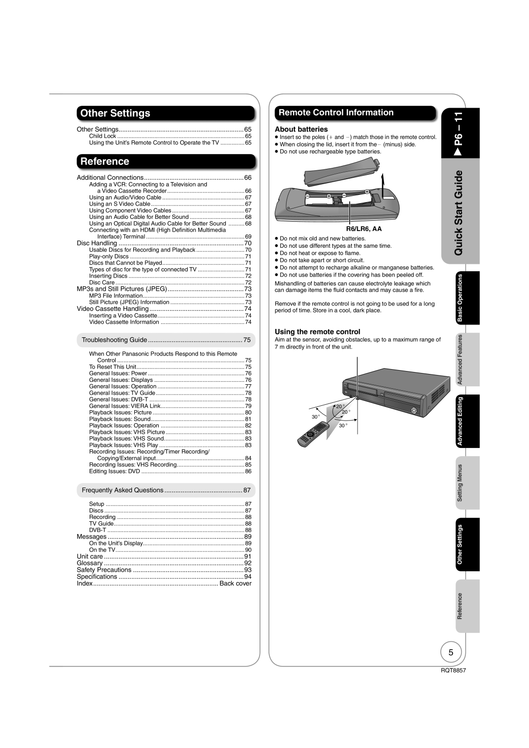 Panasonic DMR-EZ47VEB quick start Remote Control Information, About batteries, Quick, Using the remote control, R6/LR6, AA 