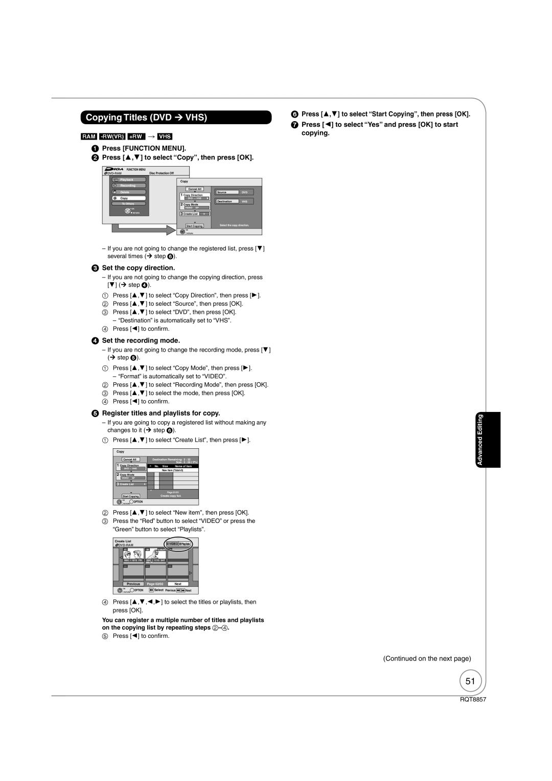 Panasonic DMR-EZ47VEB quick start  Register titles and playlists for copy, On the next 