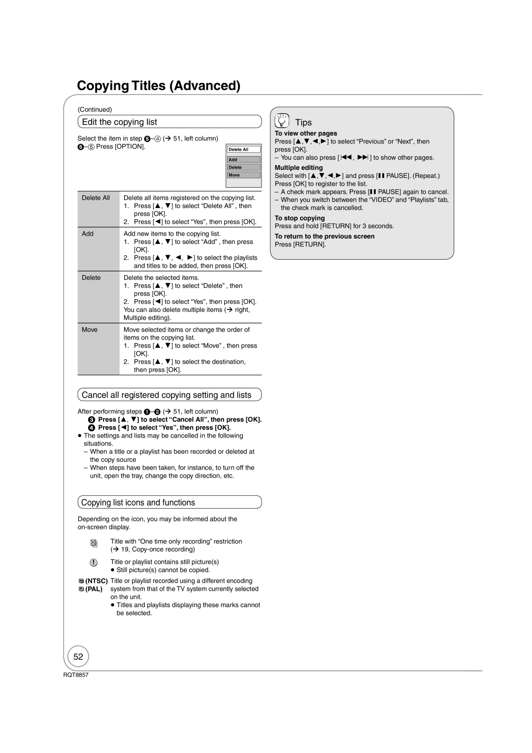 Panasonic DMR-EZ47VEB quick start Edit the copying list, Cancel all registered copying setting and lists 