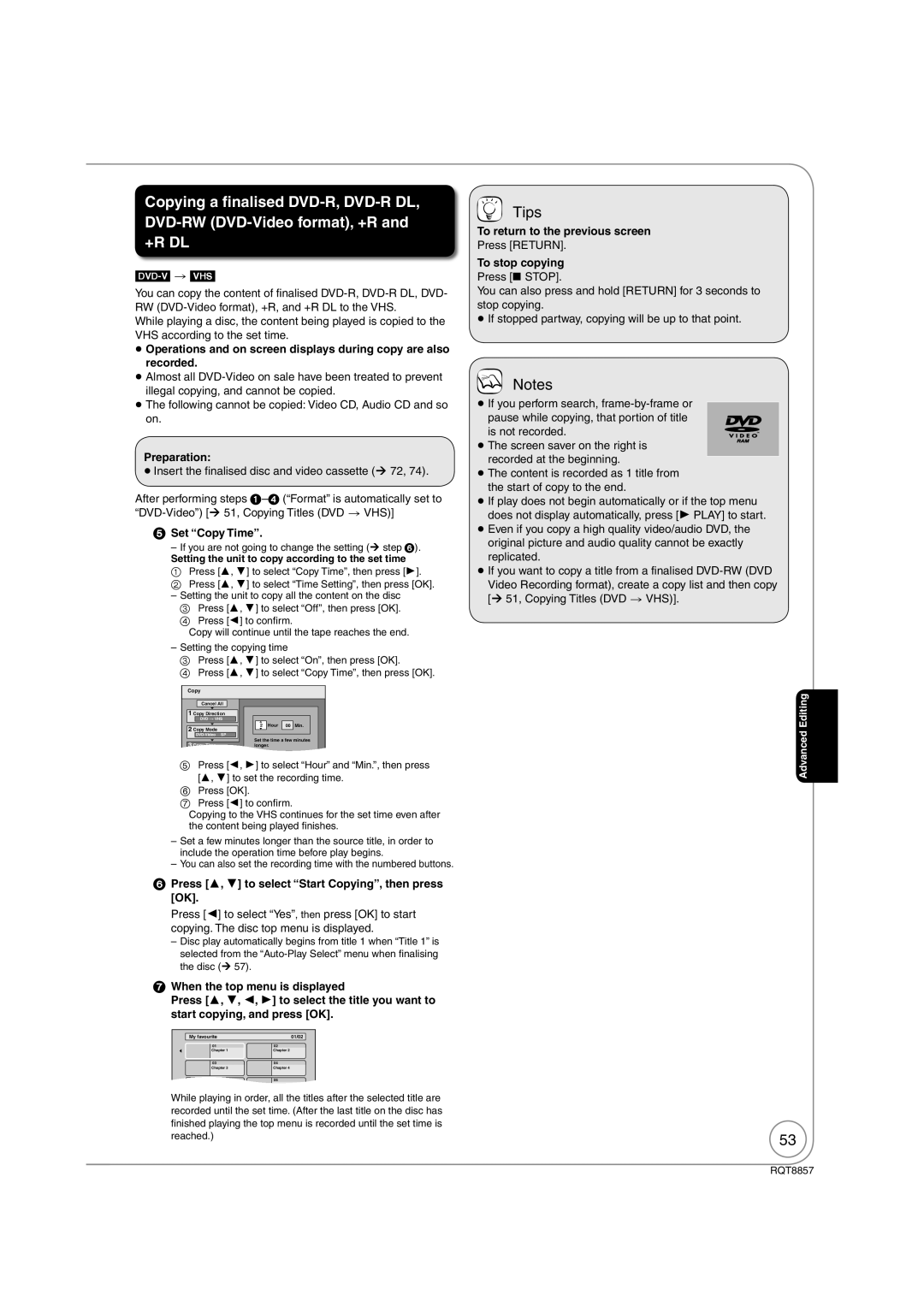 Panasonic DMR-EZ47VEB quick start Dvd-V  Vhs,  Press ,  to select Start Copying, then press OK 