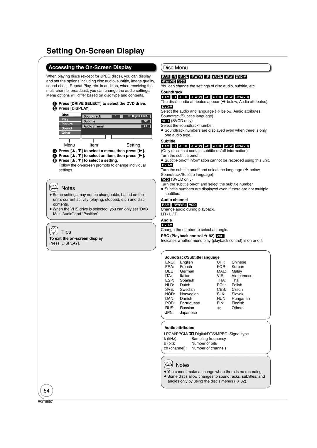 Panasonic DMR-EZ47VEB quick start Setting On-Screen Display, Accessing the On-Screen Display, Disc Menu, Menu Setting 