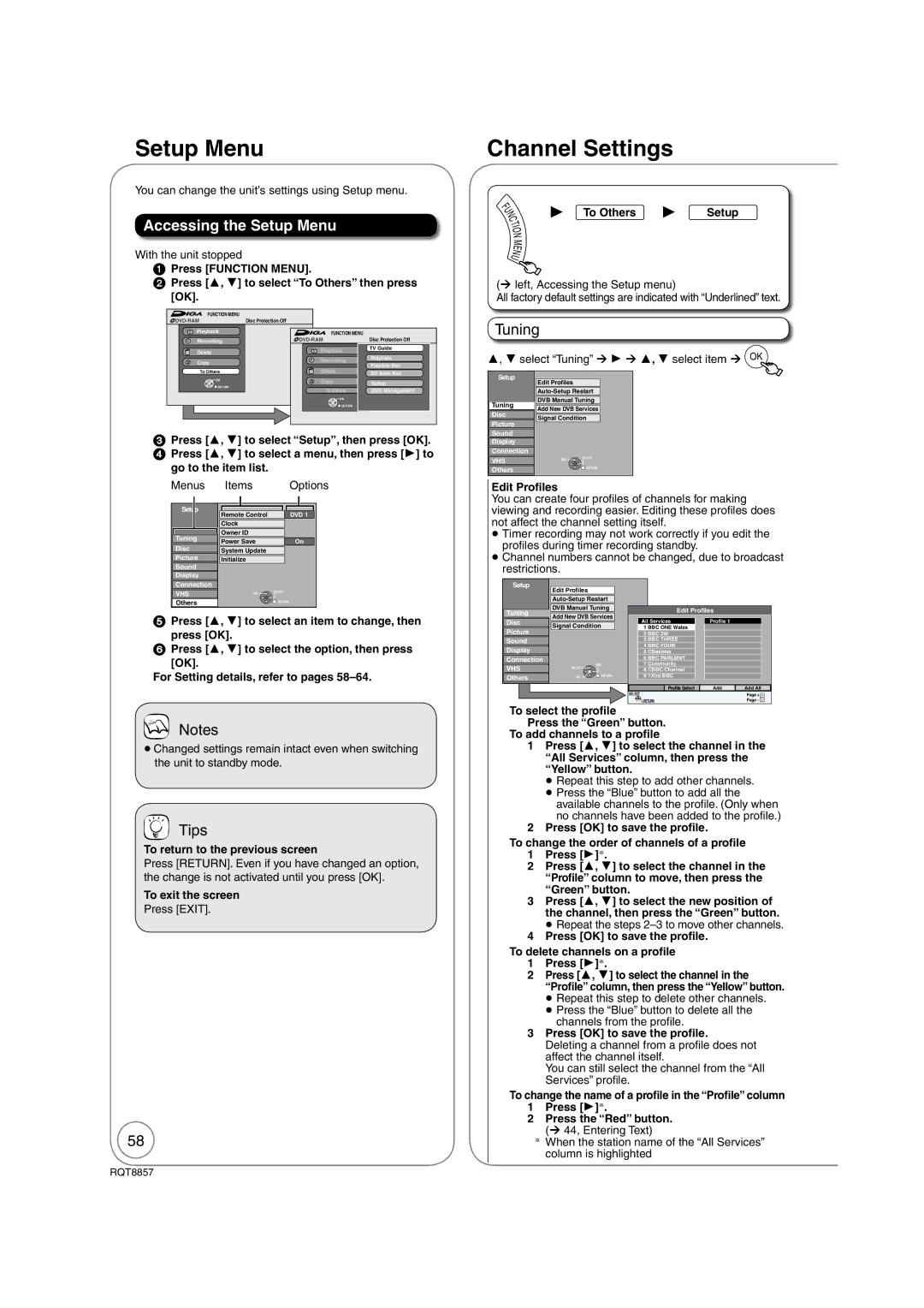 Panasonic DMR-EZ47VEB quick start Channel Settings, Accessing the Setup Menu, Tuning 