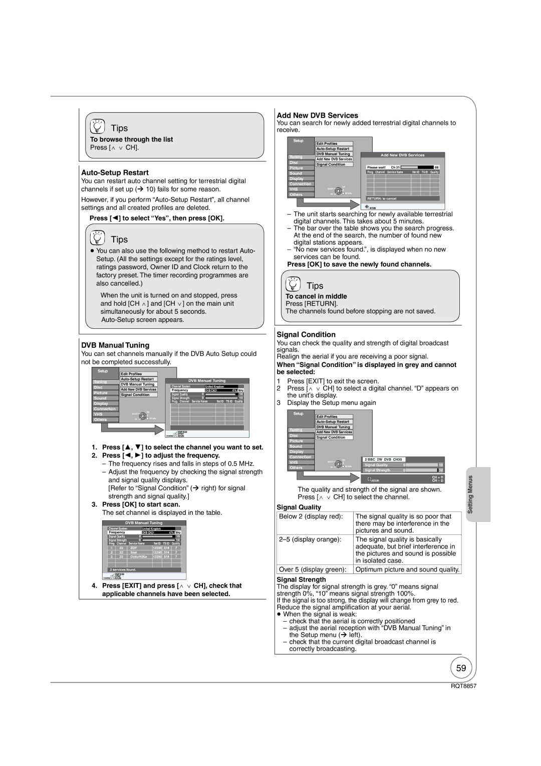 Panasonic DMR-EZ47VEB quick start Auto-Setup Restart, Add New DVB Services, DVB Manual Tuning, Signal Condition 