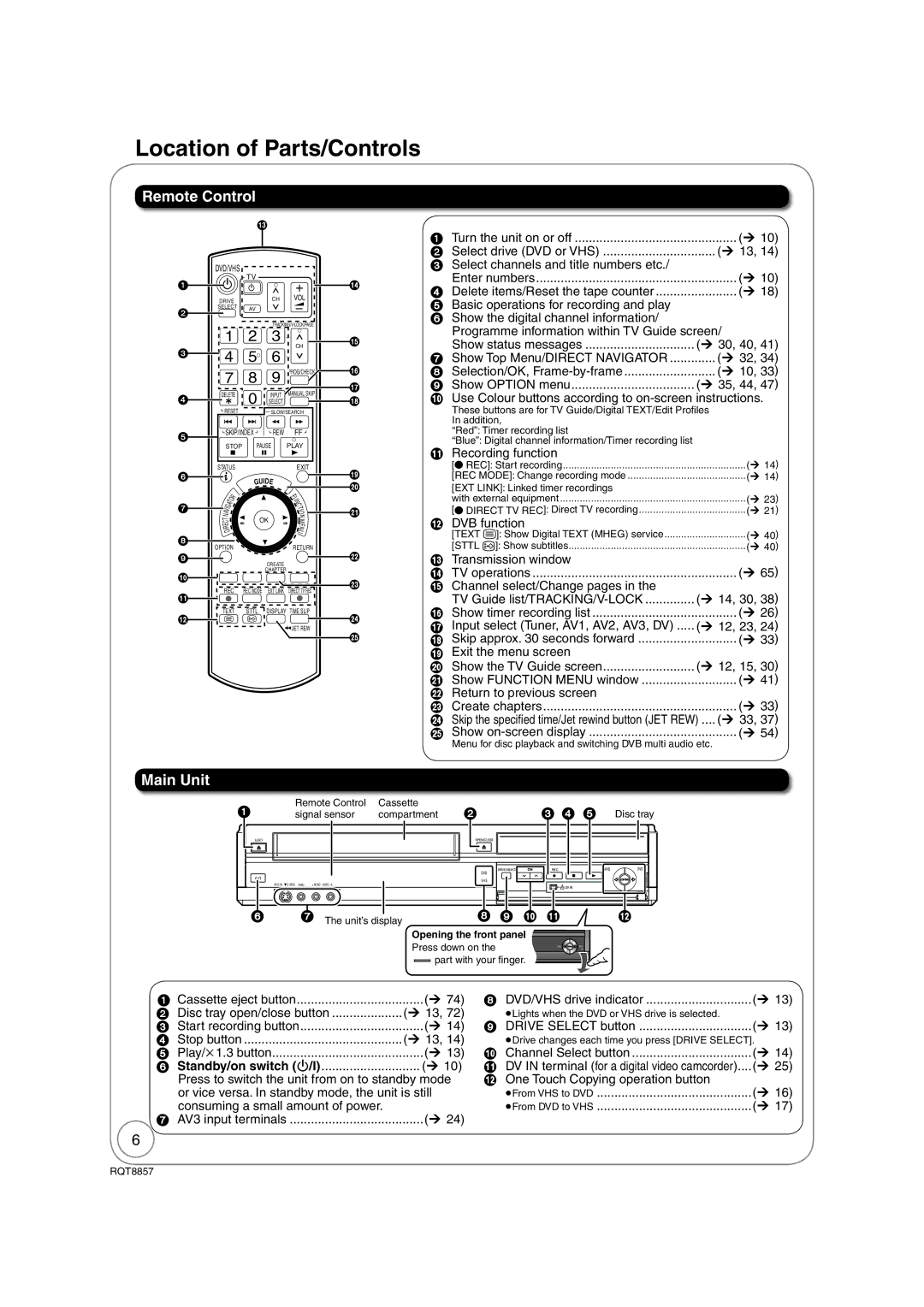 Panasonic DMR-EZ47VEB quick start Location of Parts/Controls, Remote Control, Main Unit 