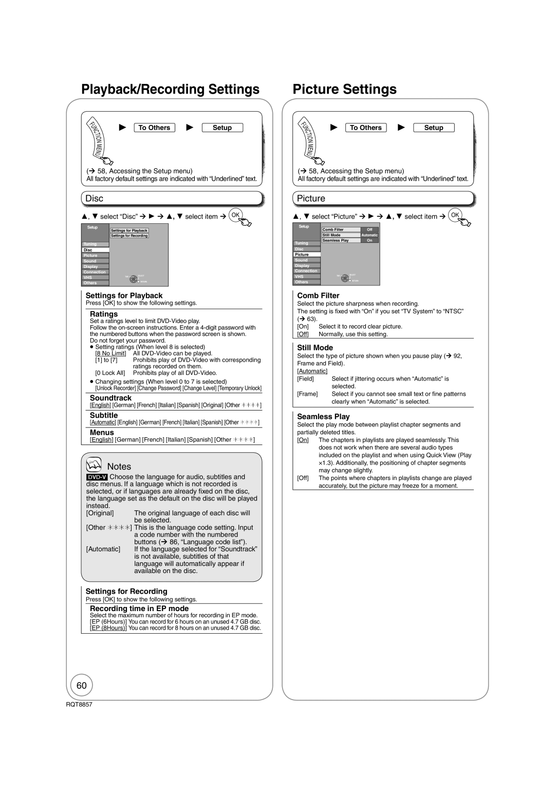 Panasonic DMR-EZ47VEB quick start Playback/Recording Settings, Picture Settings, Disc 