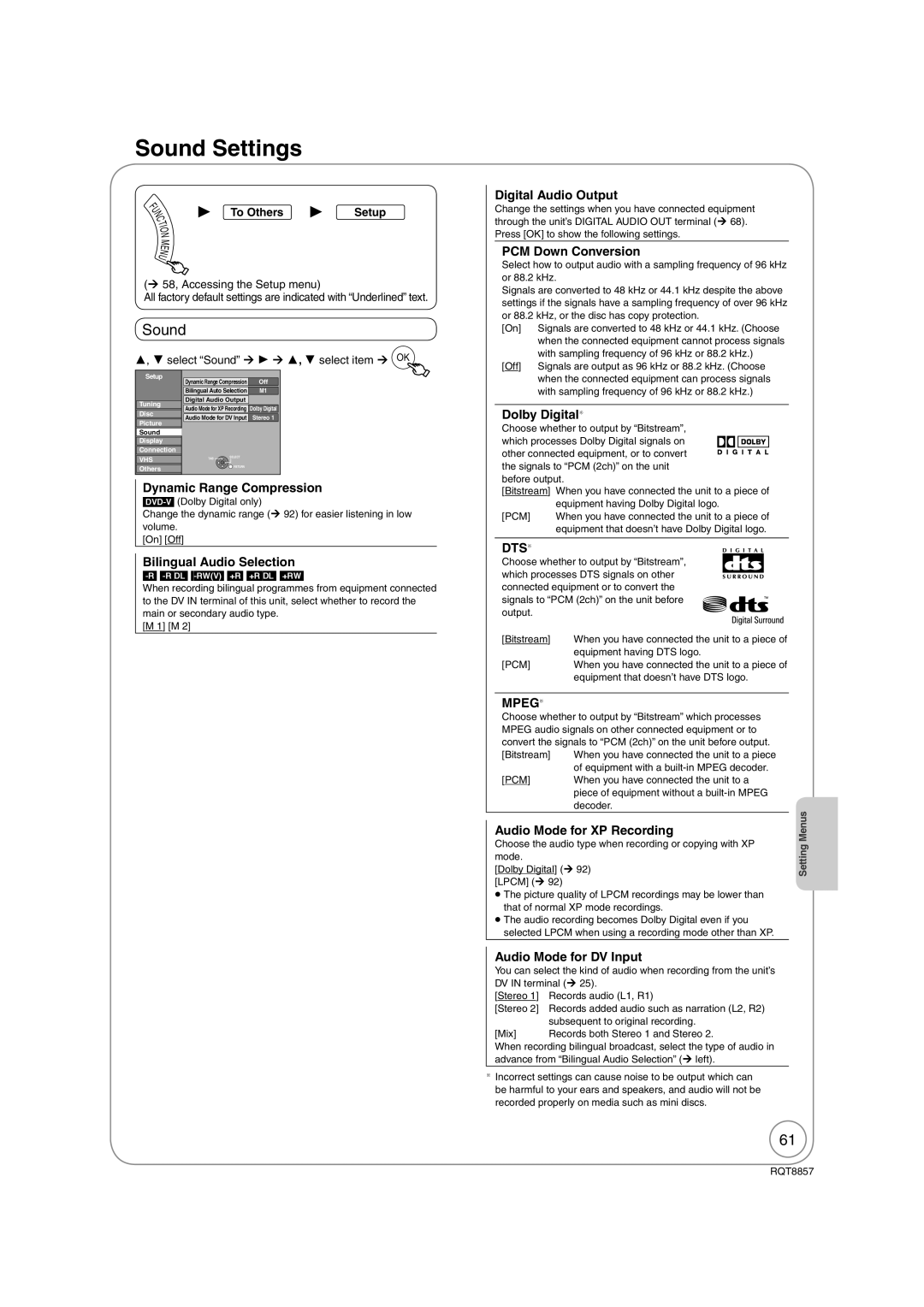 Panasonic DMR-EZ47VEB quick start Sound Settings 