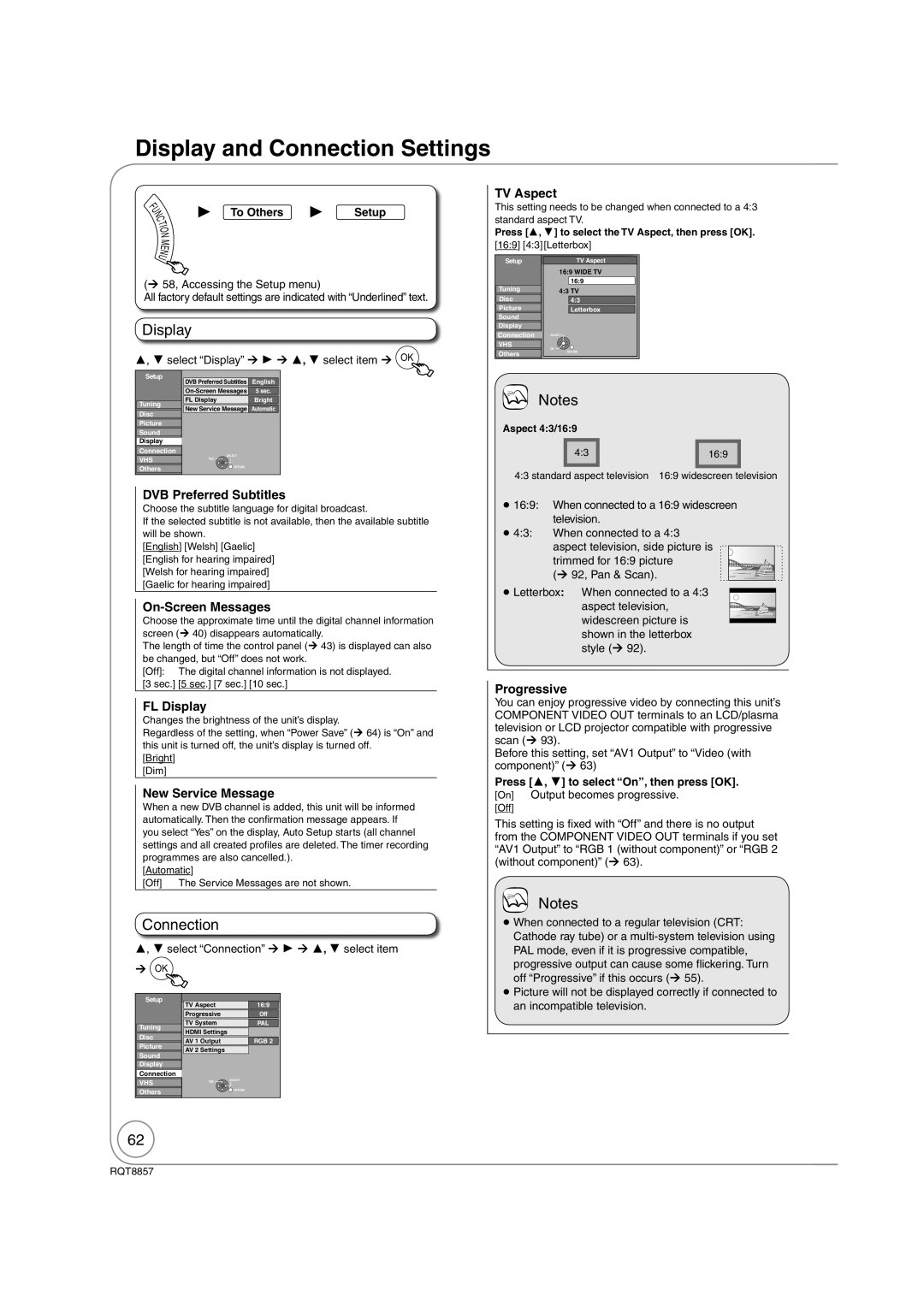 Panasonic DMR-EZ47VEB quick start Display and Connection Settings 