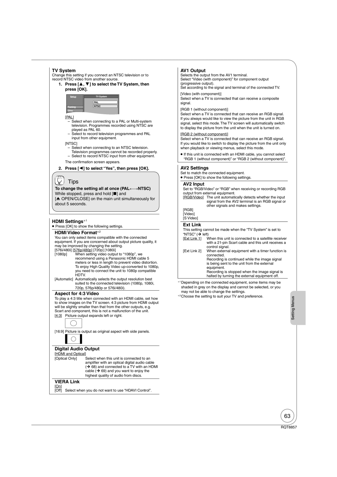 Panasonic DMR-EZ47VEB TV System, Hdmi Settings1, Hdmi Video Format2, Aspect for 43 Video, AV1 Output, AV2 Settings 