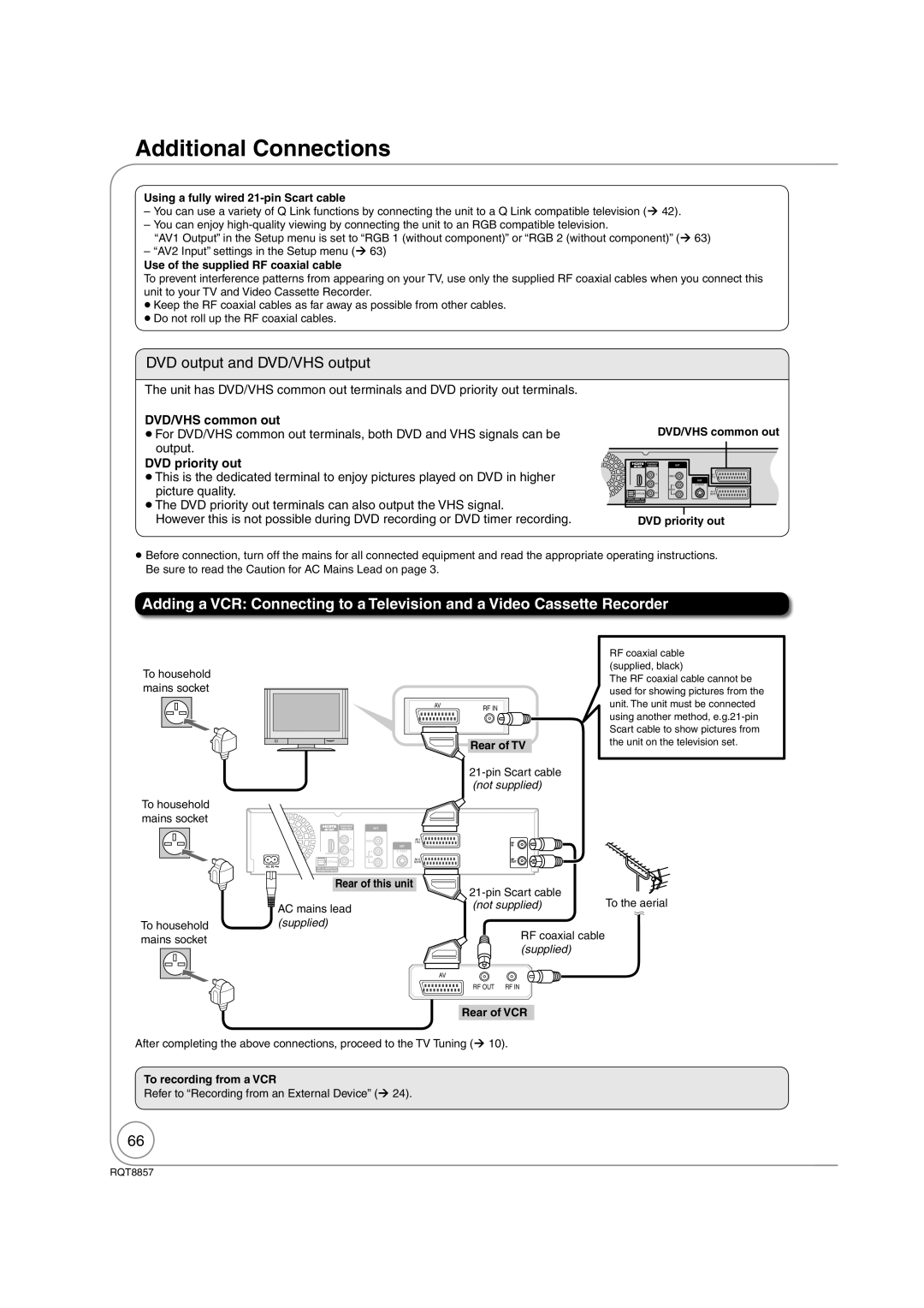 Panasonic DMR-EZ47VEB Additional Connections, DVD output and DVD/VHS output, DVD/VHS common out, DVD priority out 