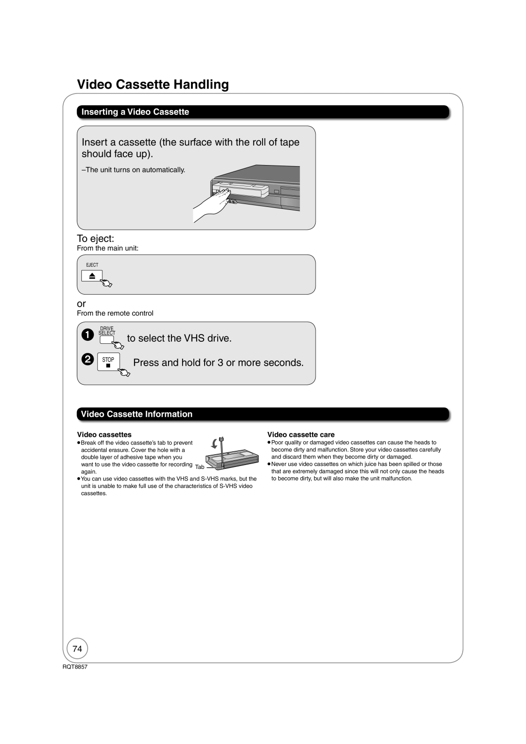 Panasonic DMR-EZ47VEB quick start Video Cassette Handling, To eject, Inserting a Video Cassette, Video Cassette Information 