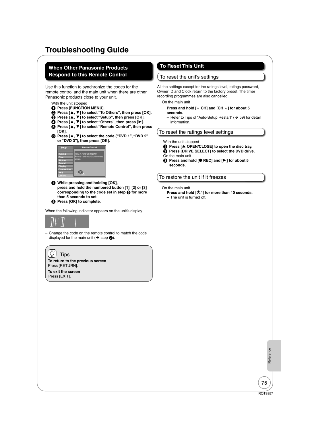 Panasonic DMR-EZ47VEB quick start Troubleshooting Guide, To Reset This Unit, To reset the unit’s settings 