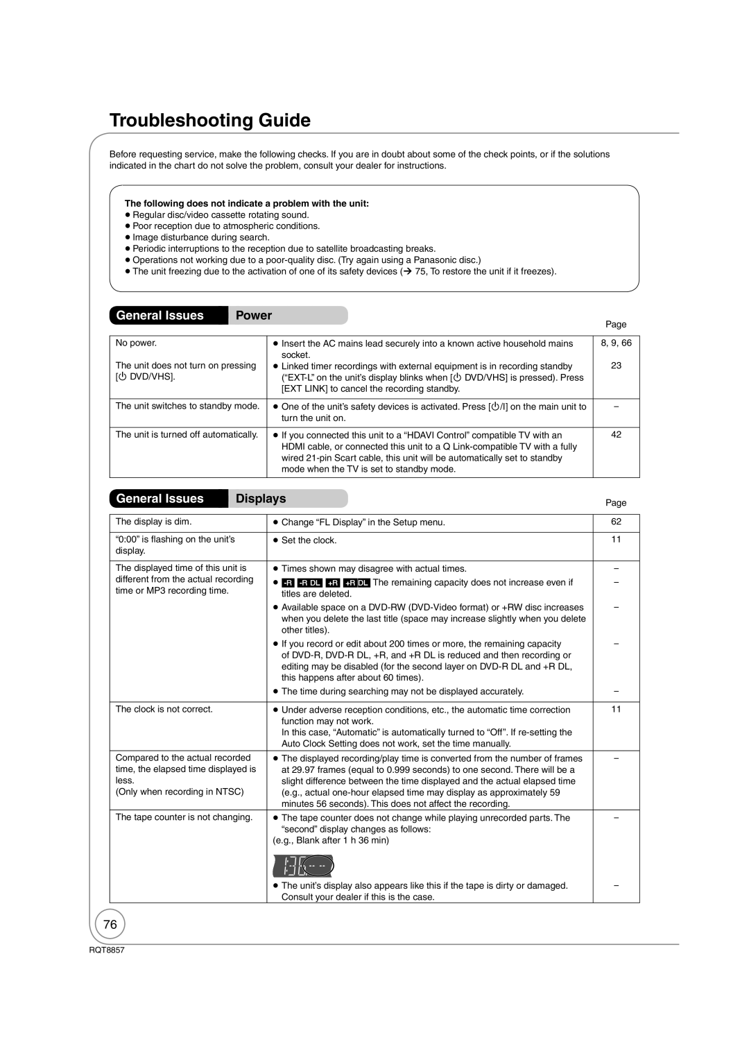 Panasonic DMR-EZ47VEB quick start General Issues, Displays, Power, Following does not indicate a problem with the unit 