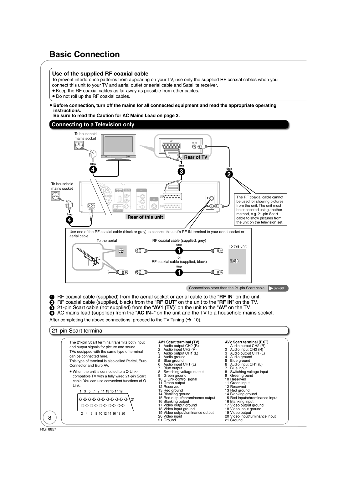 Panasonic DMR-EZ47VEB quick start Basic Connection, Use of the supplied RF coaxial cable, Connecting to a Television only 