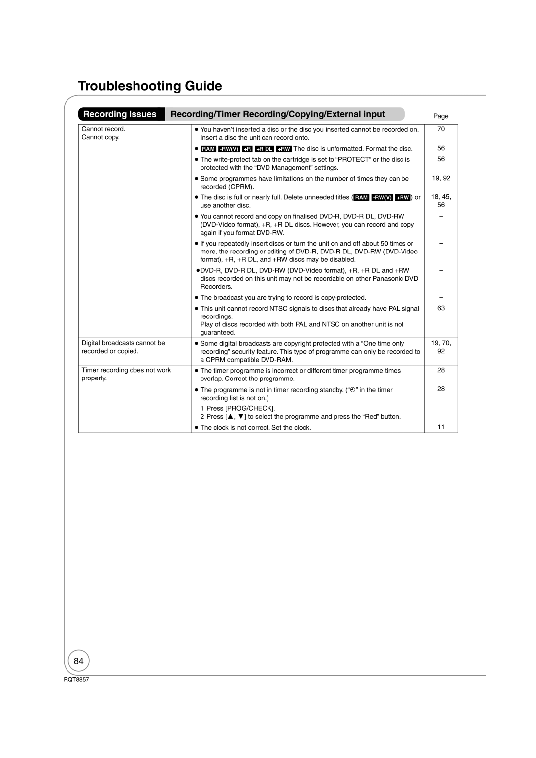 Panasonic DMR-EZ47VEB quick start Recording Issues, Recording/Timer Recording/Copying/External input 