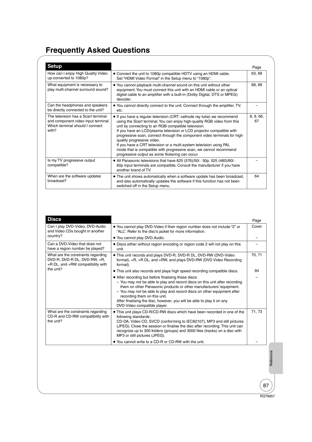 Panasonic DMR-EZ47VEB quick start Frequently Asked Questions, Setup, Discs 