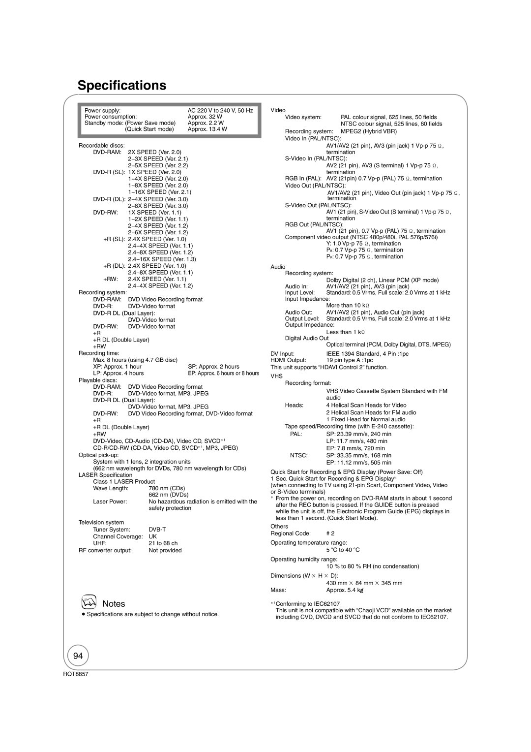 Panasonic DMR-EZ47VEB quick start Speciﬁcations, Uhf 