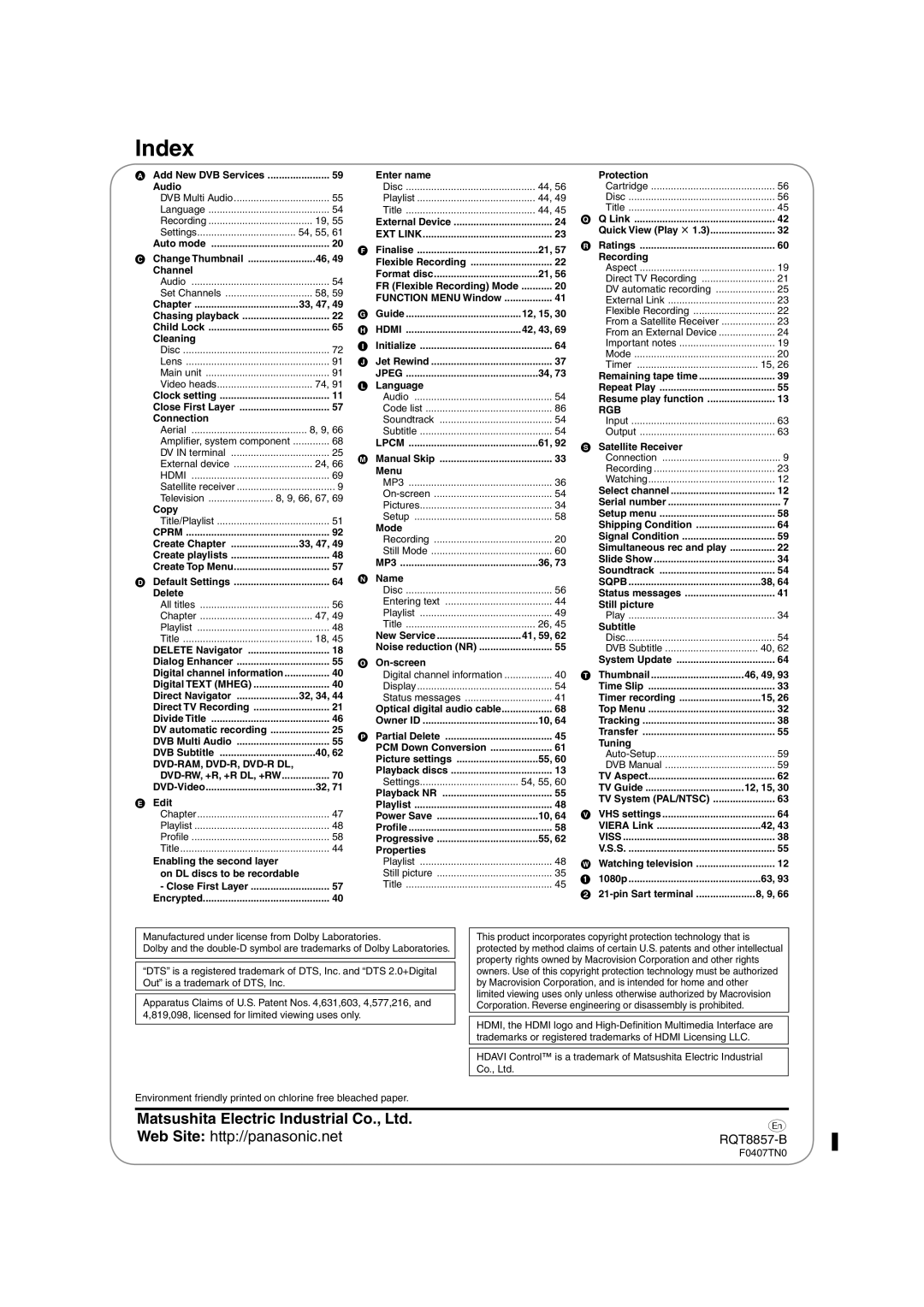 Panasonic DMR-EZ47VEB quick start Index, RQT8857-B 