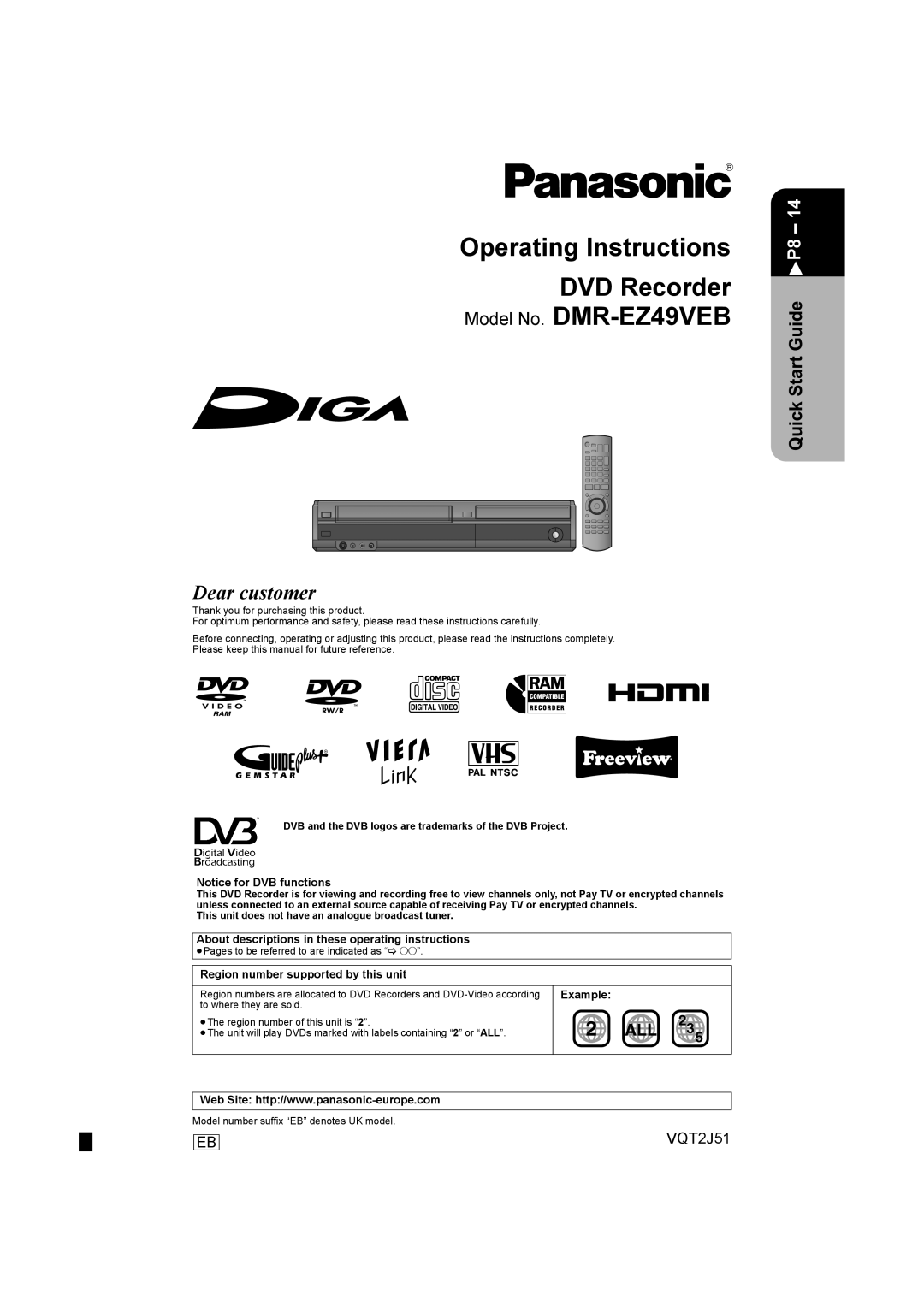 Panasonic DMR-EZ49VEB manual About descriptions in these operating instructions, Region number supported by this unit 