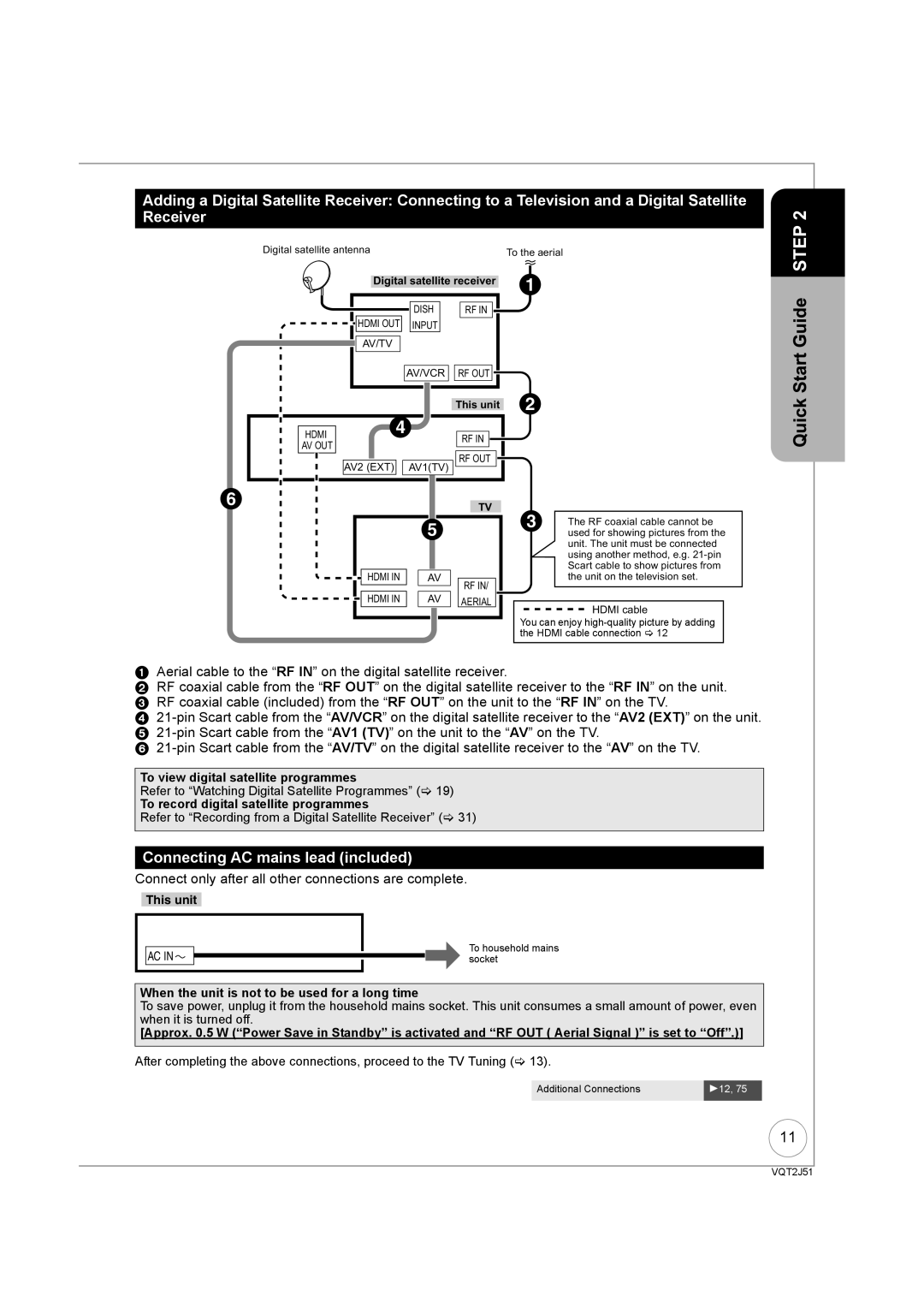 Panasonic DMR-EZ49VEB manual Connecting AC mains lead included, To view digital satellite programmes 